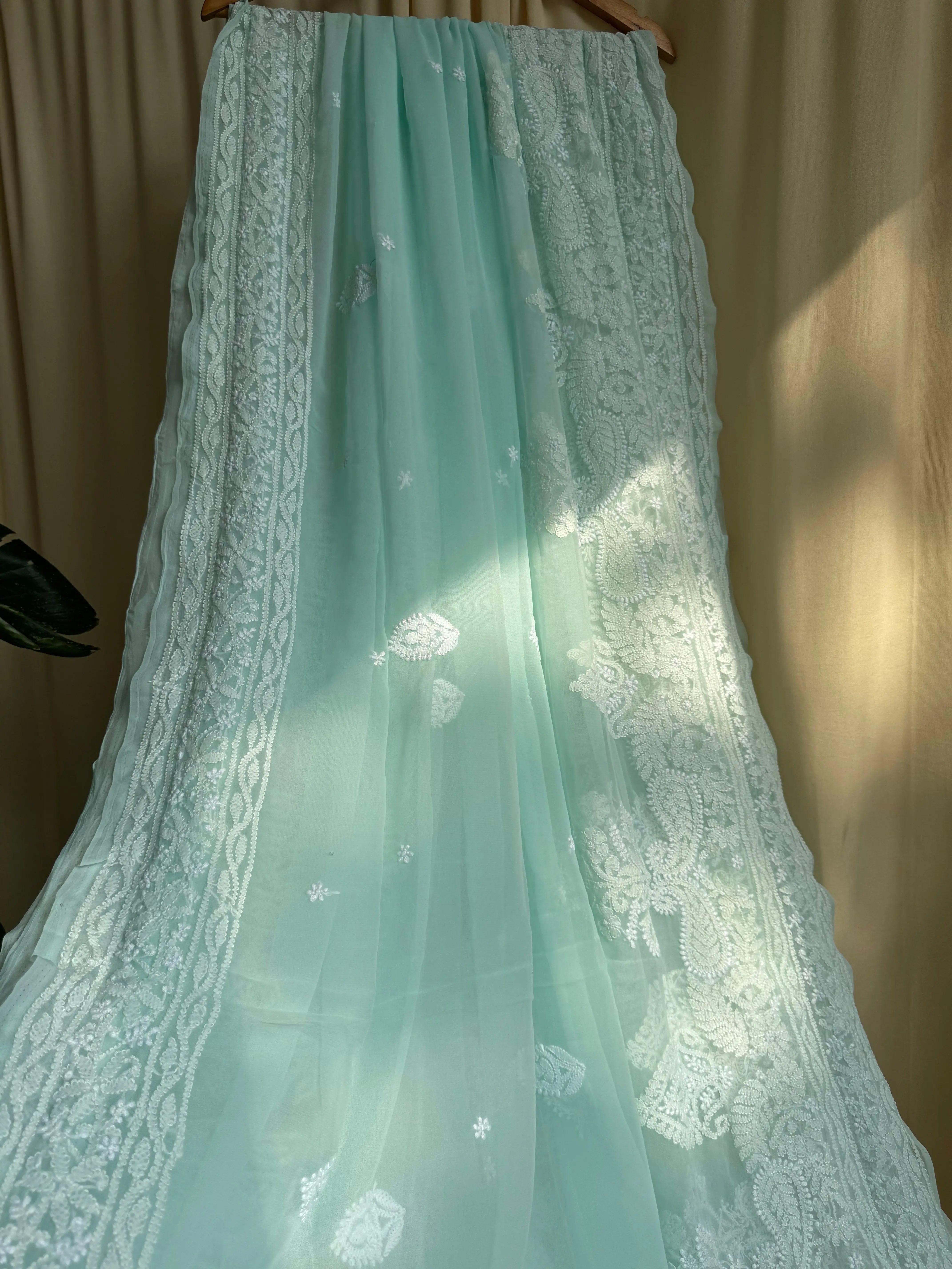 Georgette Chikankari saree in Sea Green ARIAA CHIKANKARI 