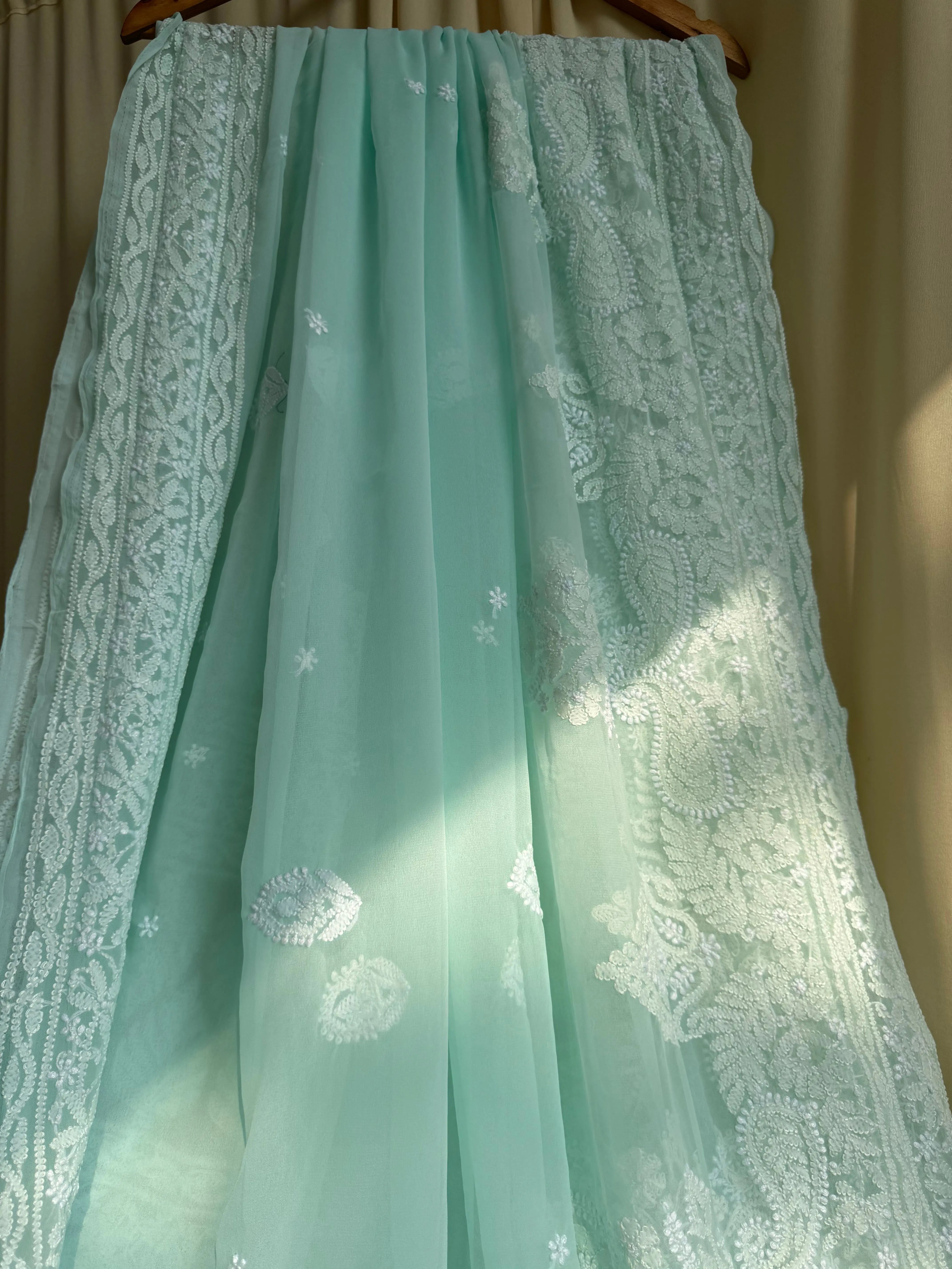 Georgette Chikankari saree in Sea Green ARIAA CHIKANKARI 