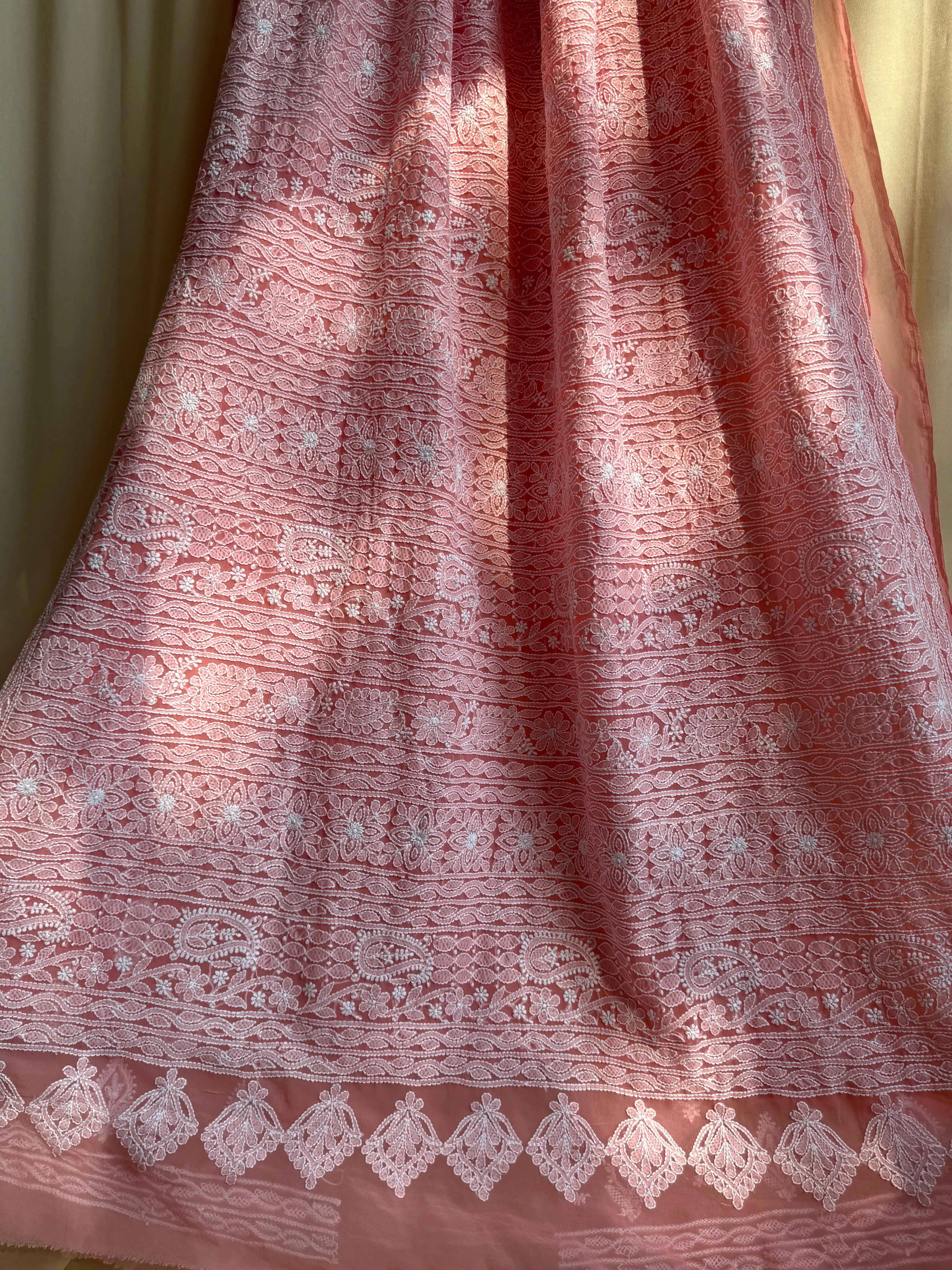 Georgette Chikankari saree in Peach ARIAA CHIKANKARI 