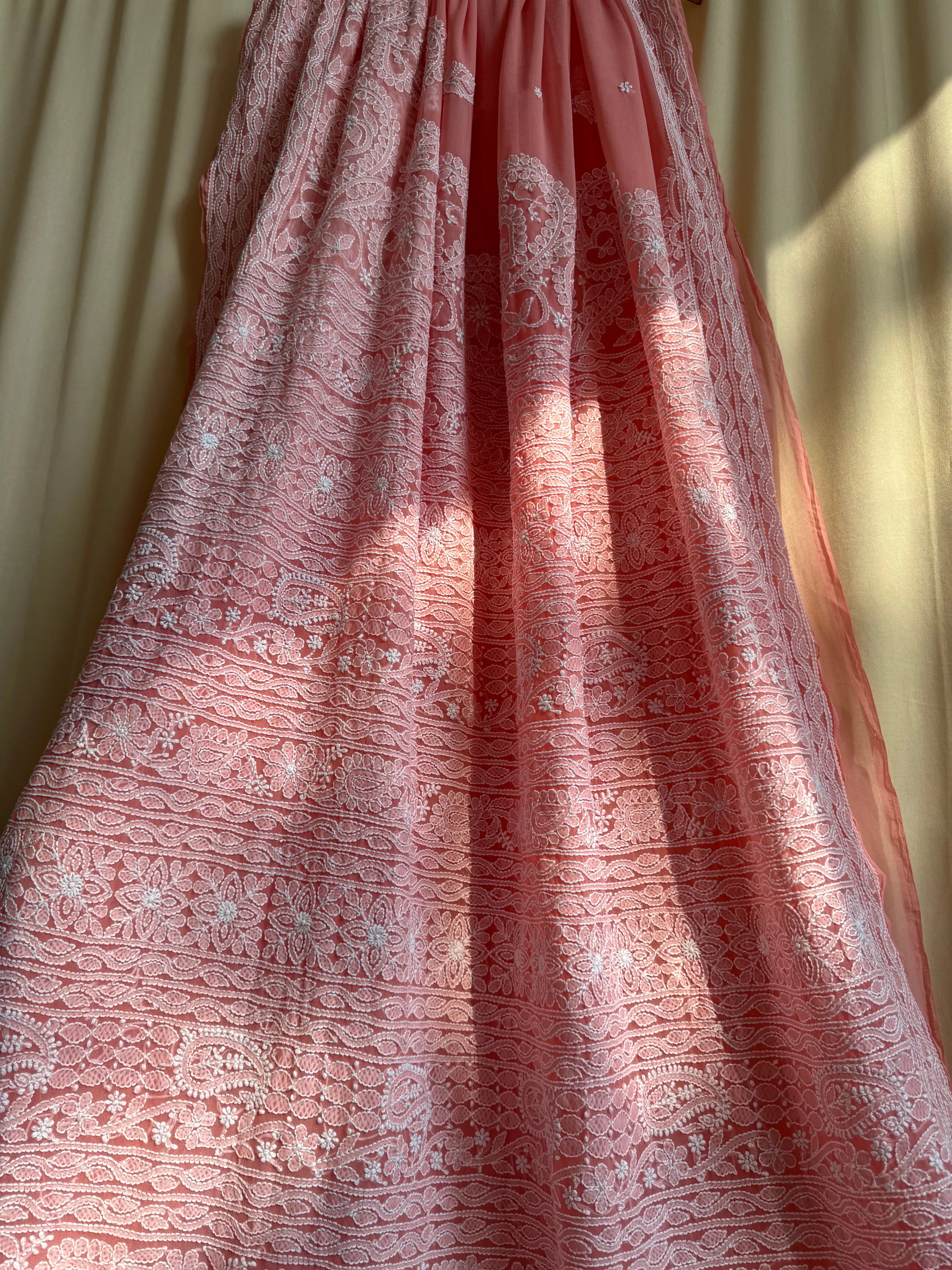 Georgette Chikankari saree in Peach ARIAA CHIKANKARI 