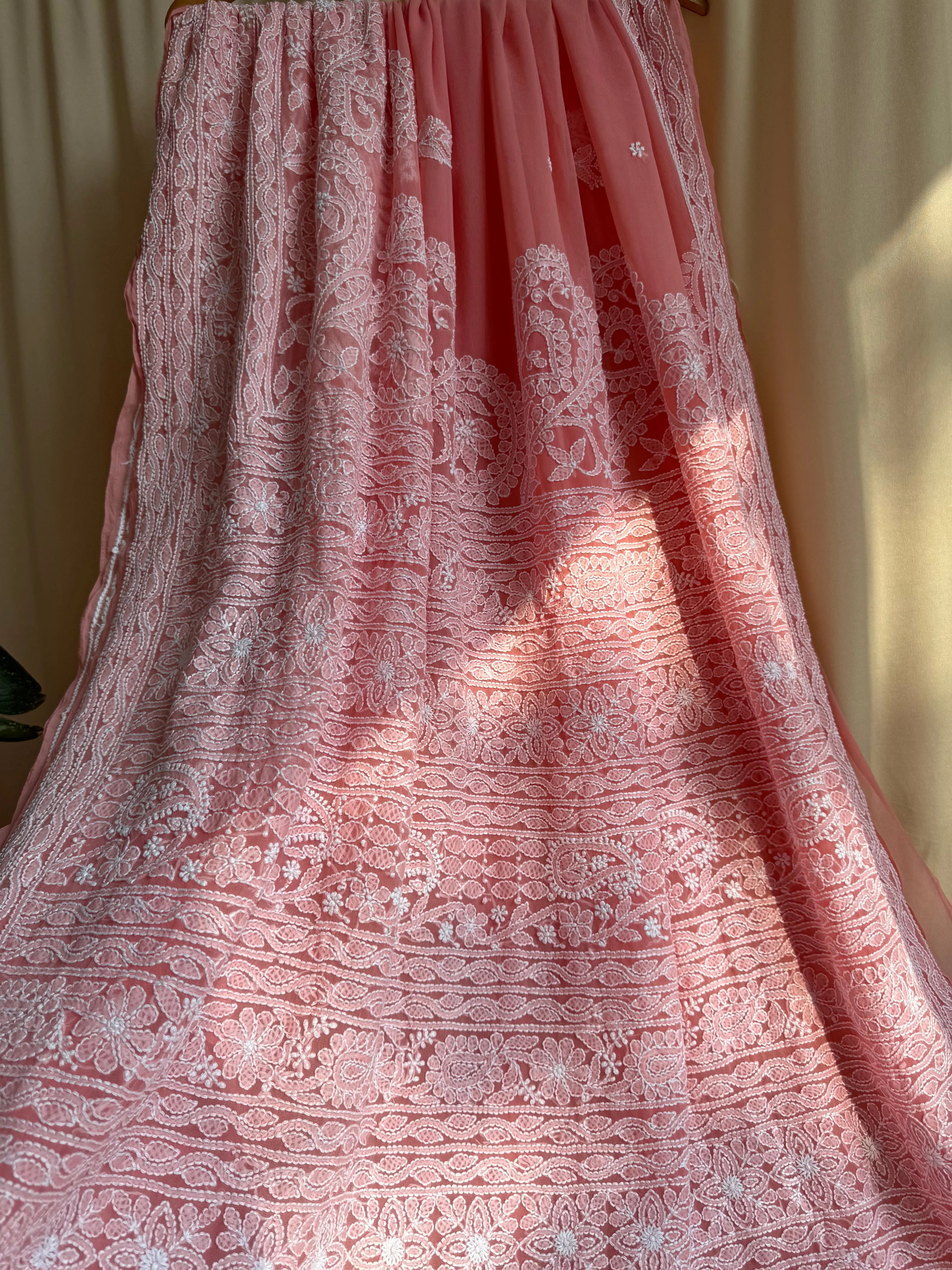 Georgette Chikankari saree in Peach ARIAA CHIKANKARI 