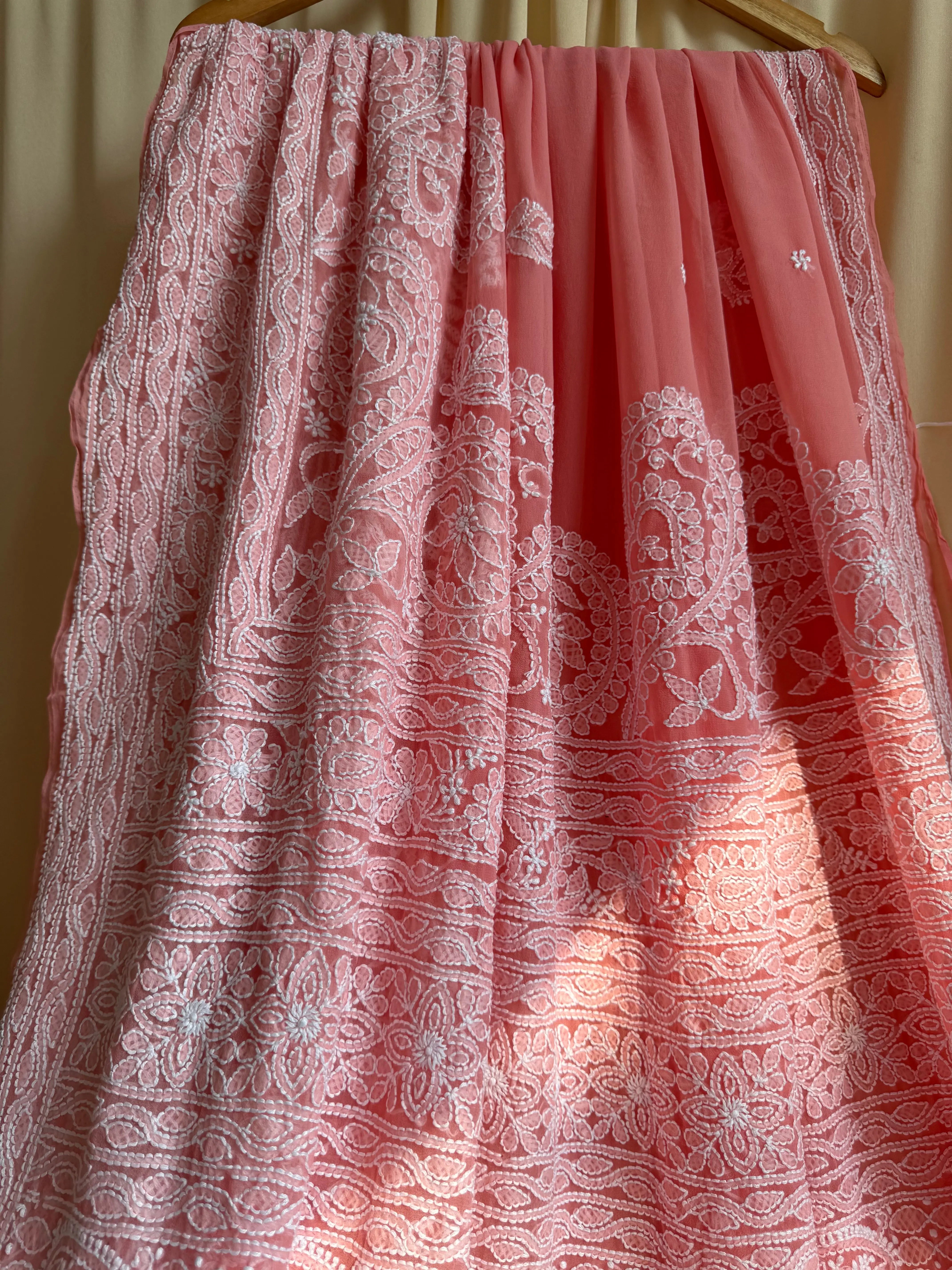 Georgette Chikankari saree in Peach ARIAA CHIKANKARI 