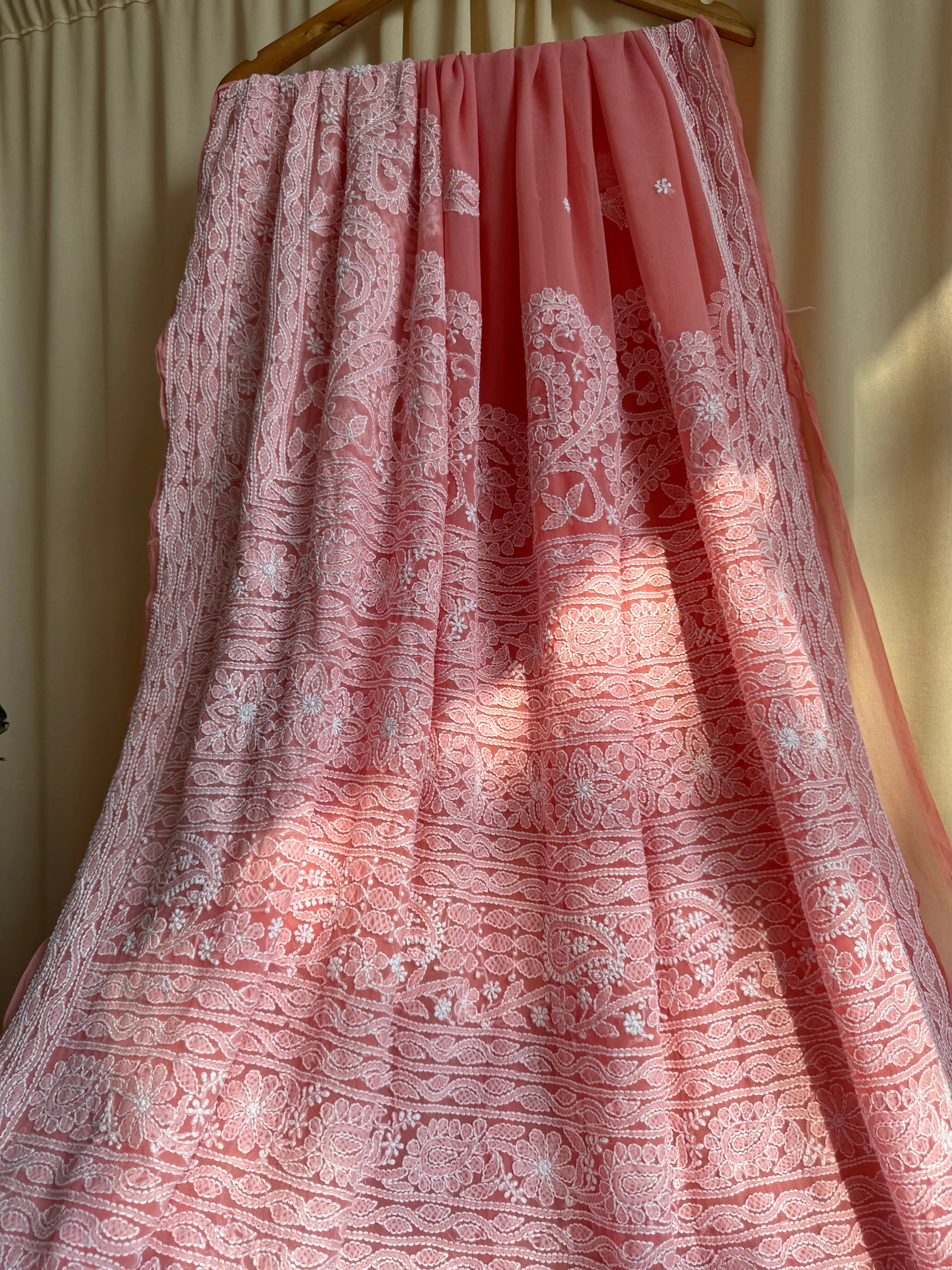 Georgette Chikankari saree in Peach ARIAA CHIKANKARI 