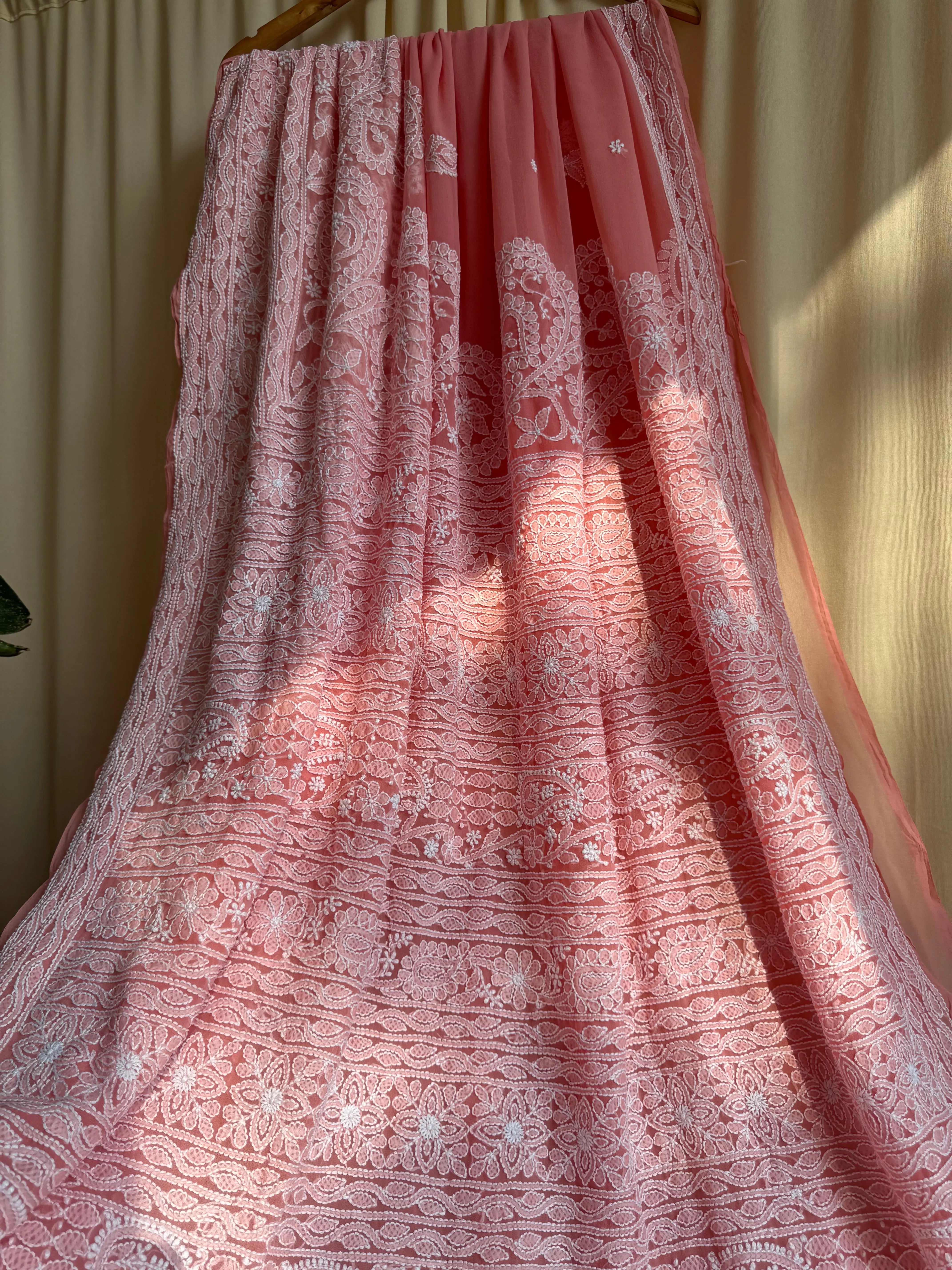 Georgette Chikankari saree in Peach ARIAA CHIKANKARI 