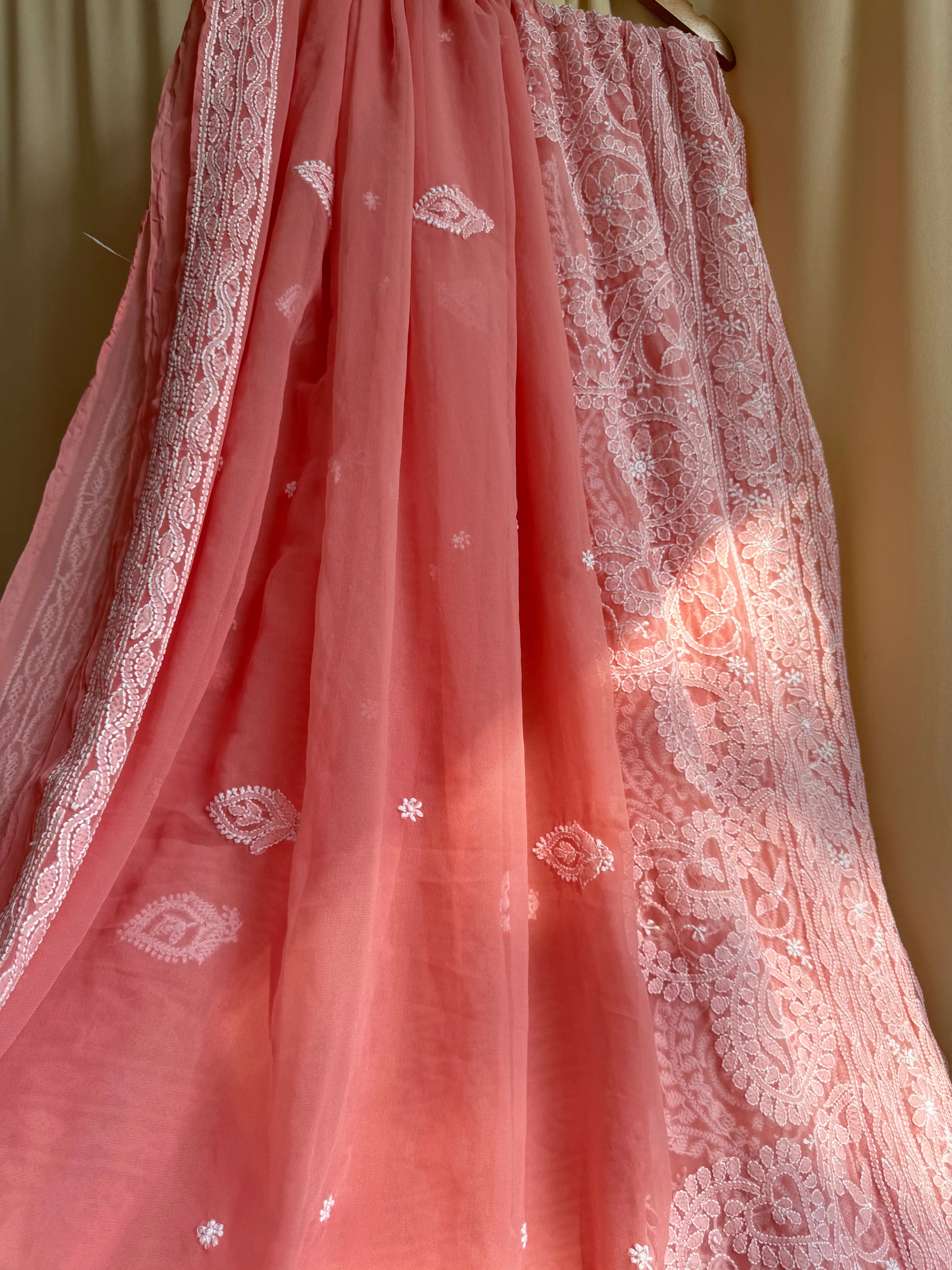 Georgette Chikankari saree in Peach ARIAA CHIKANKARI 