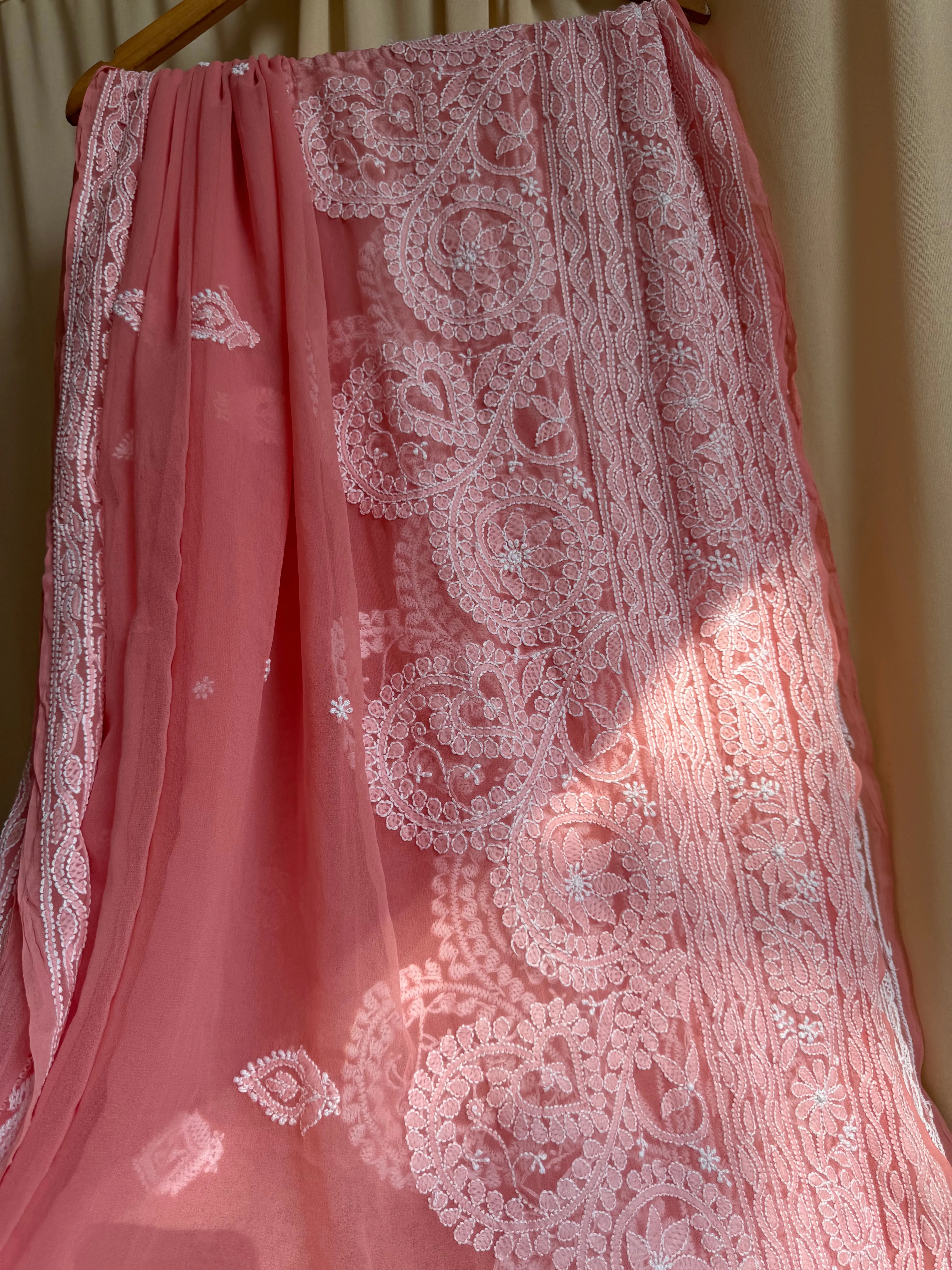 Georgette Chikankari saree in Peach ARIAA CHIKANKARI 