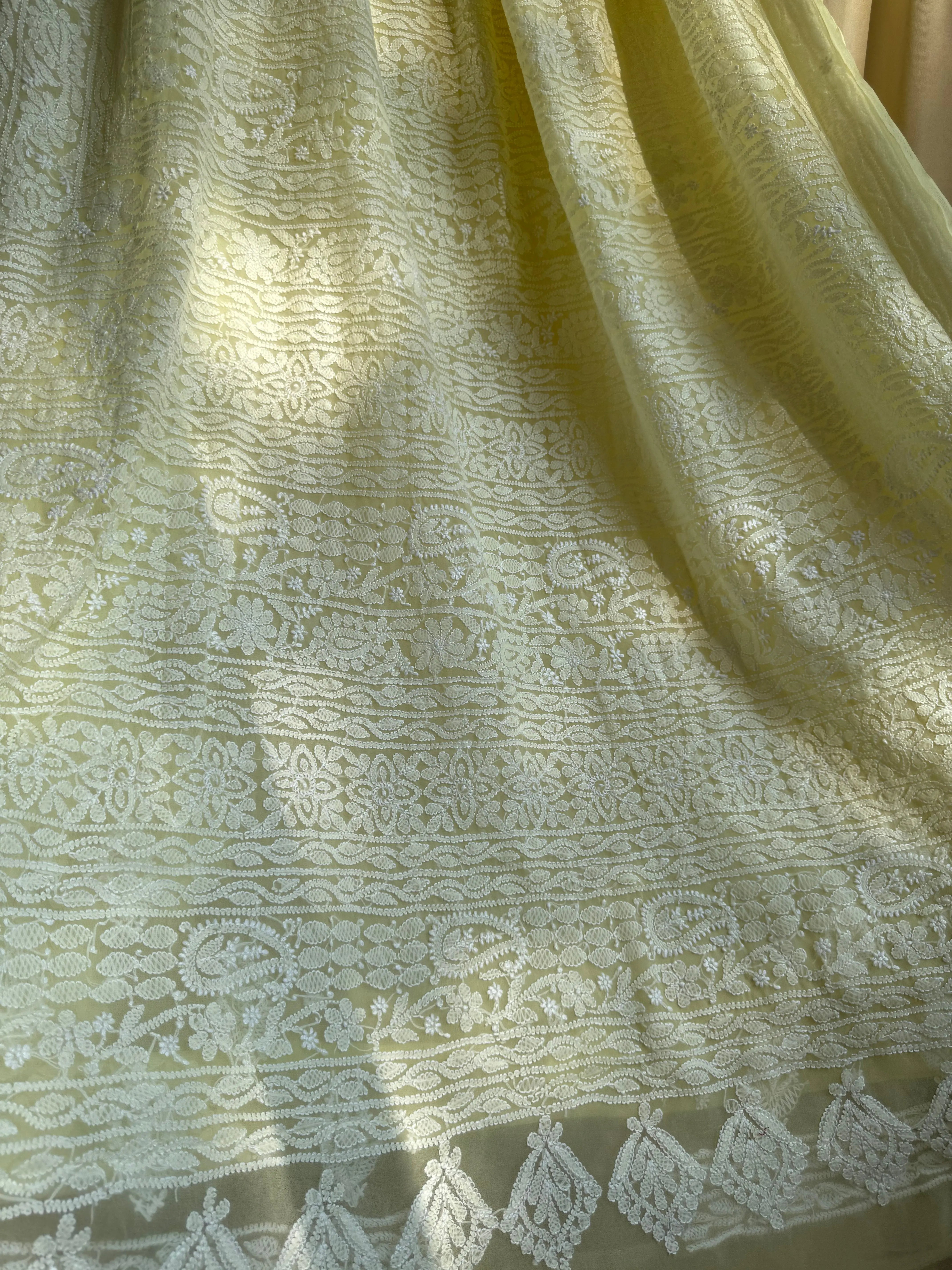 Georgette Chikankari saree in Lemon Yellow ARIAA CHIKANKARI 