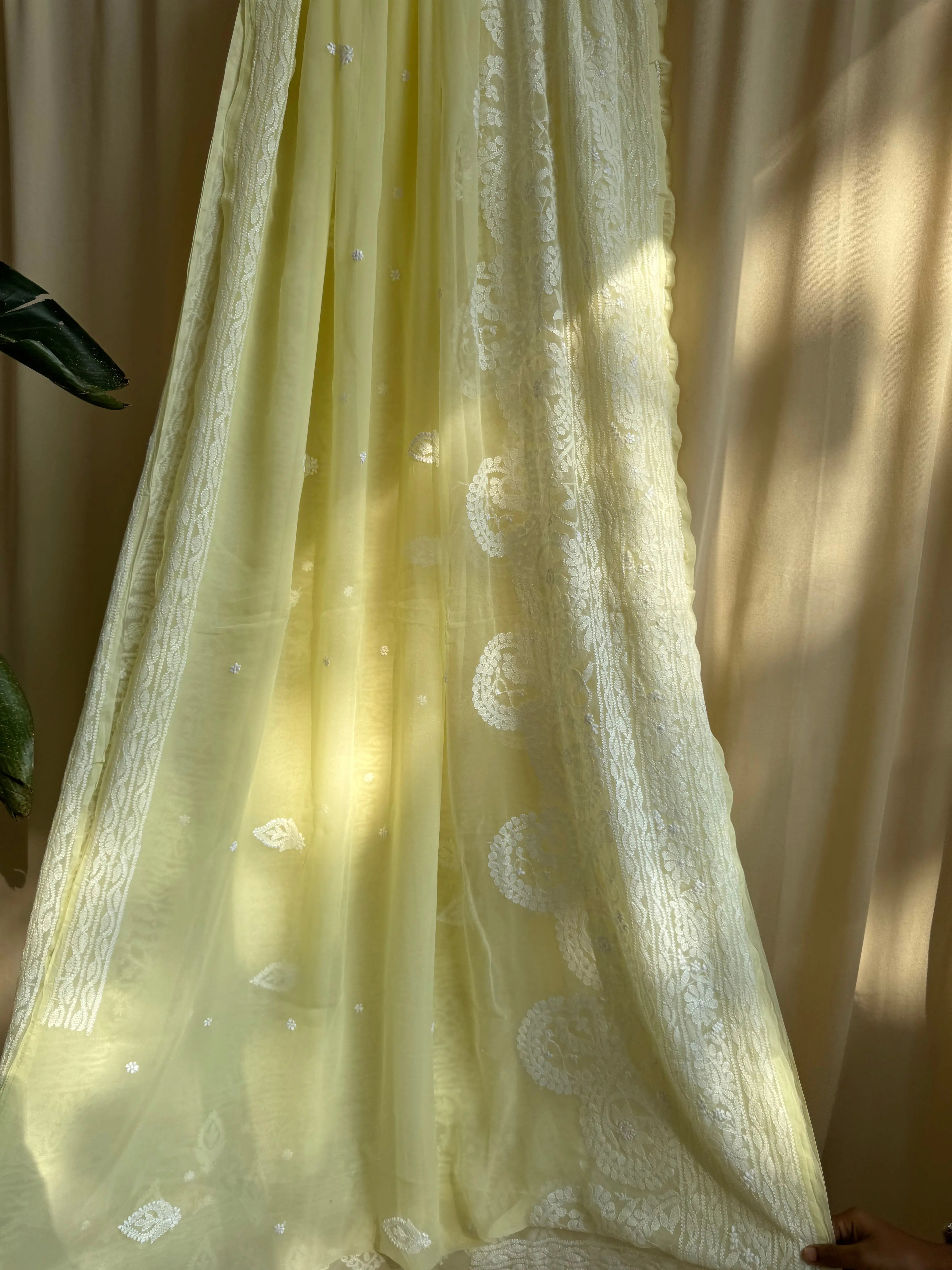 Georgette Chikankari saree in Lemon Yellow ARIAA CHIKANKARI 