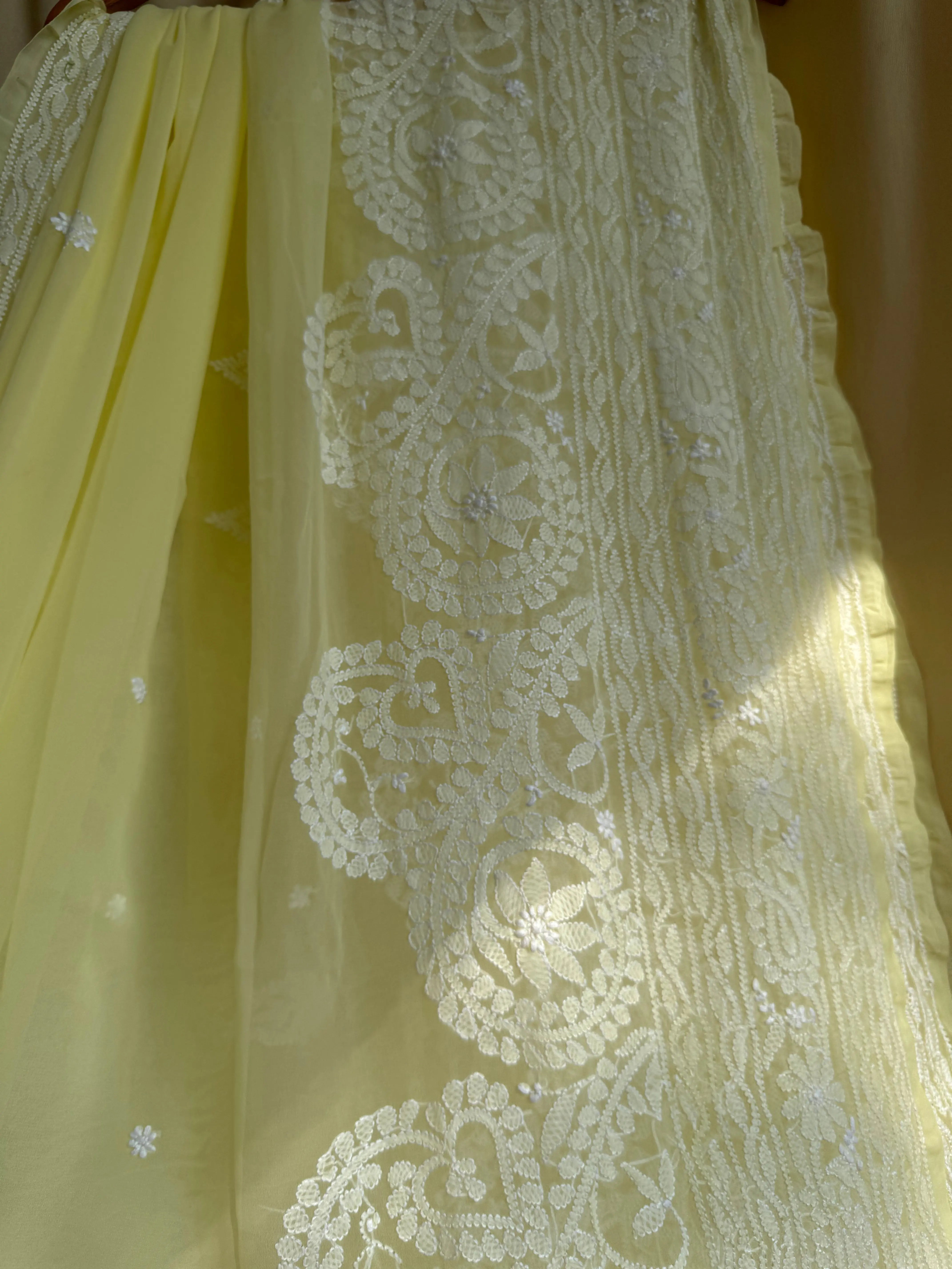 Georgette Chikankari saree in Lemon Yellow ARIAA CHIKANKARI 