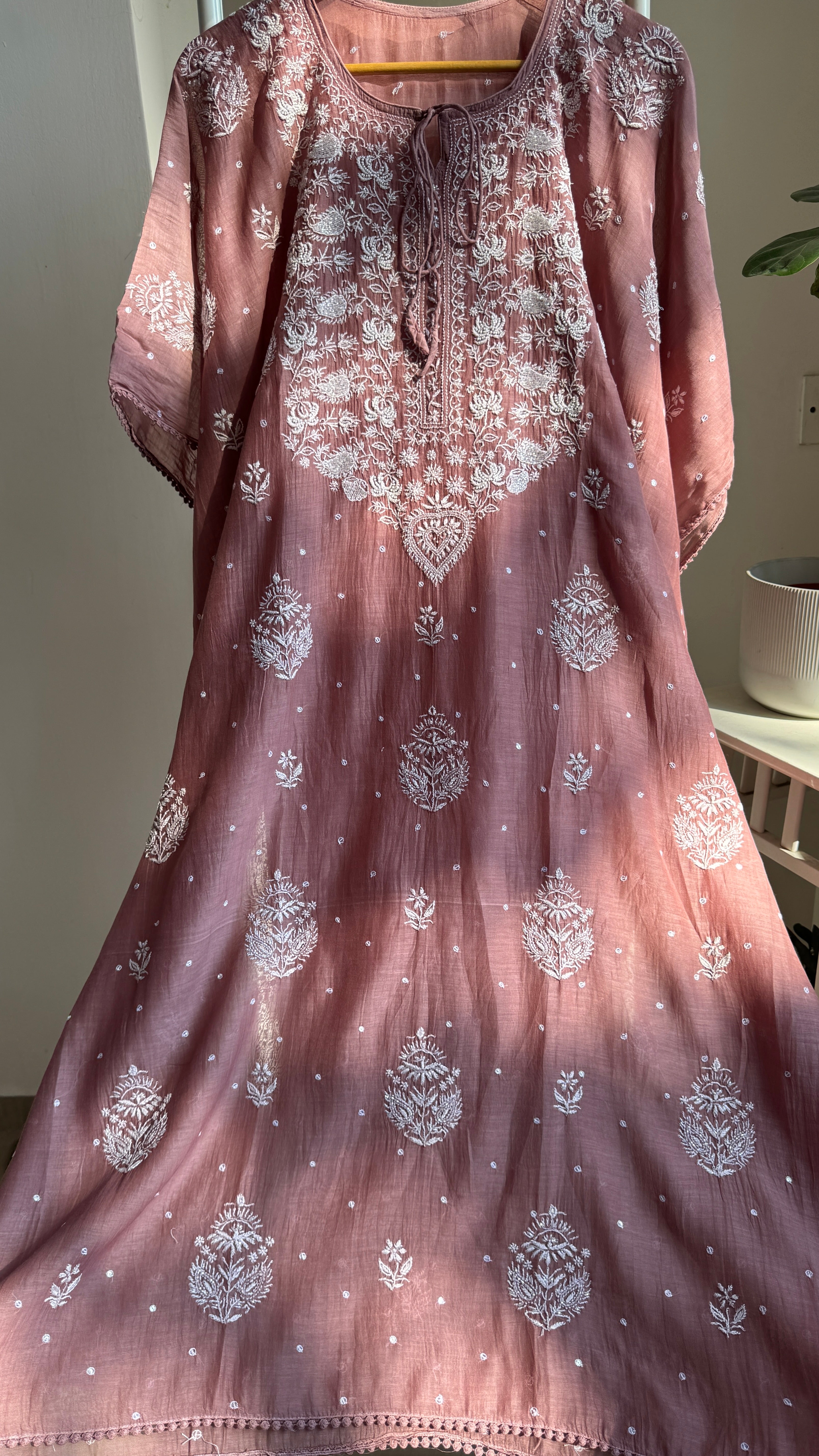 Mul Chanderi Chikankari Kaftan - Deep Onion Pink