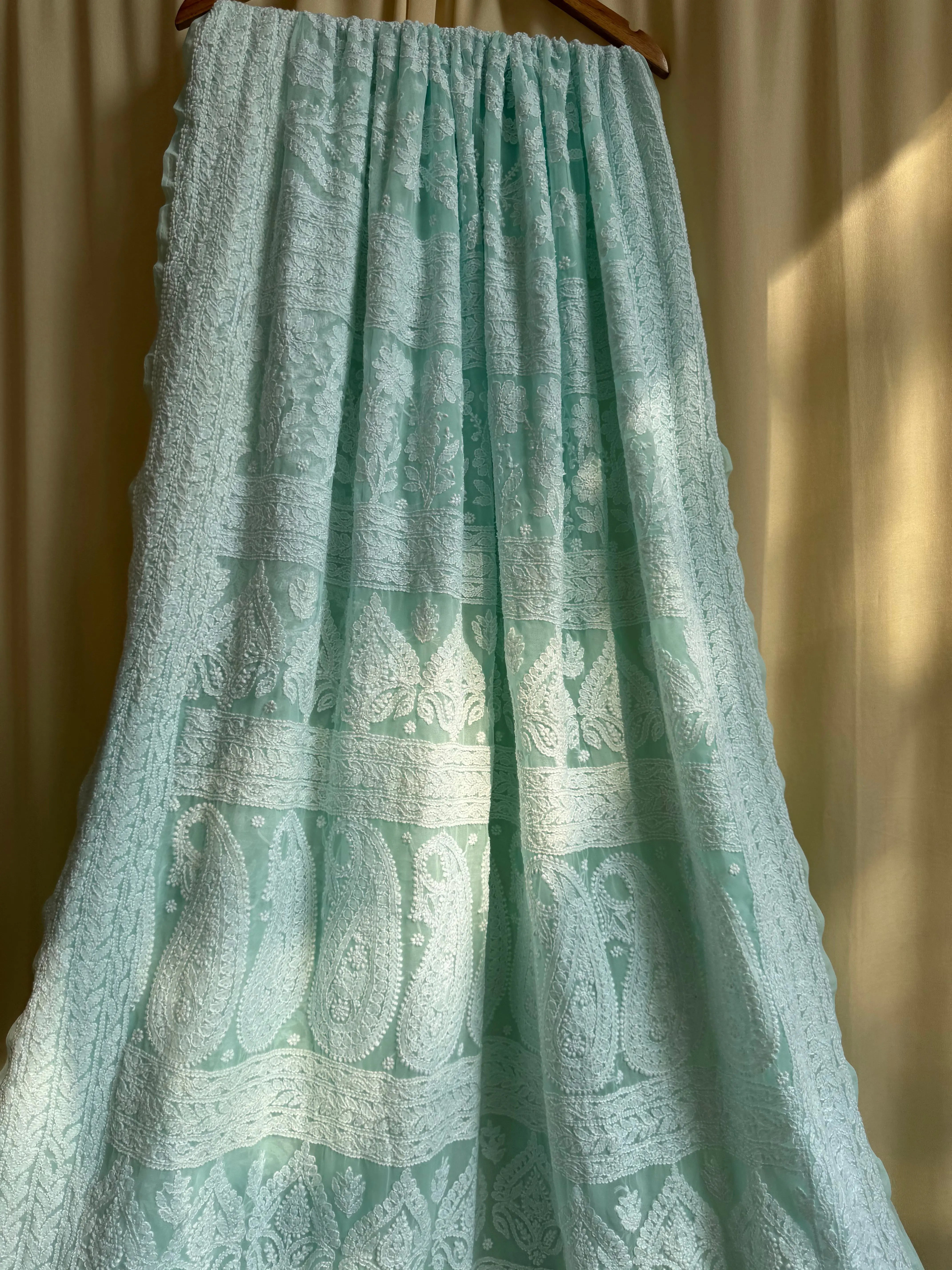 Georgette Chikankari saree in Sea Green ARIAA CHIKANKARI 