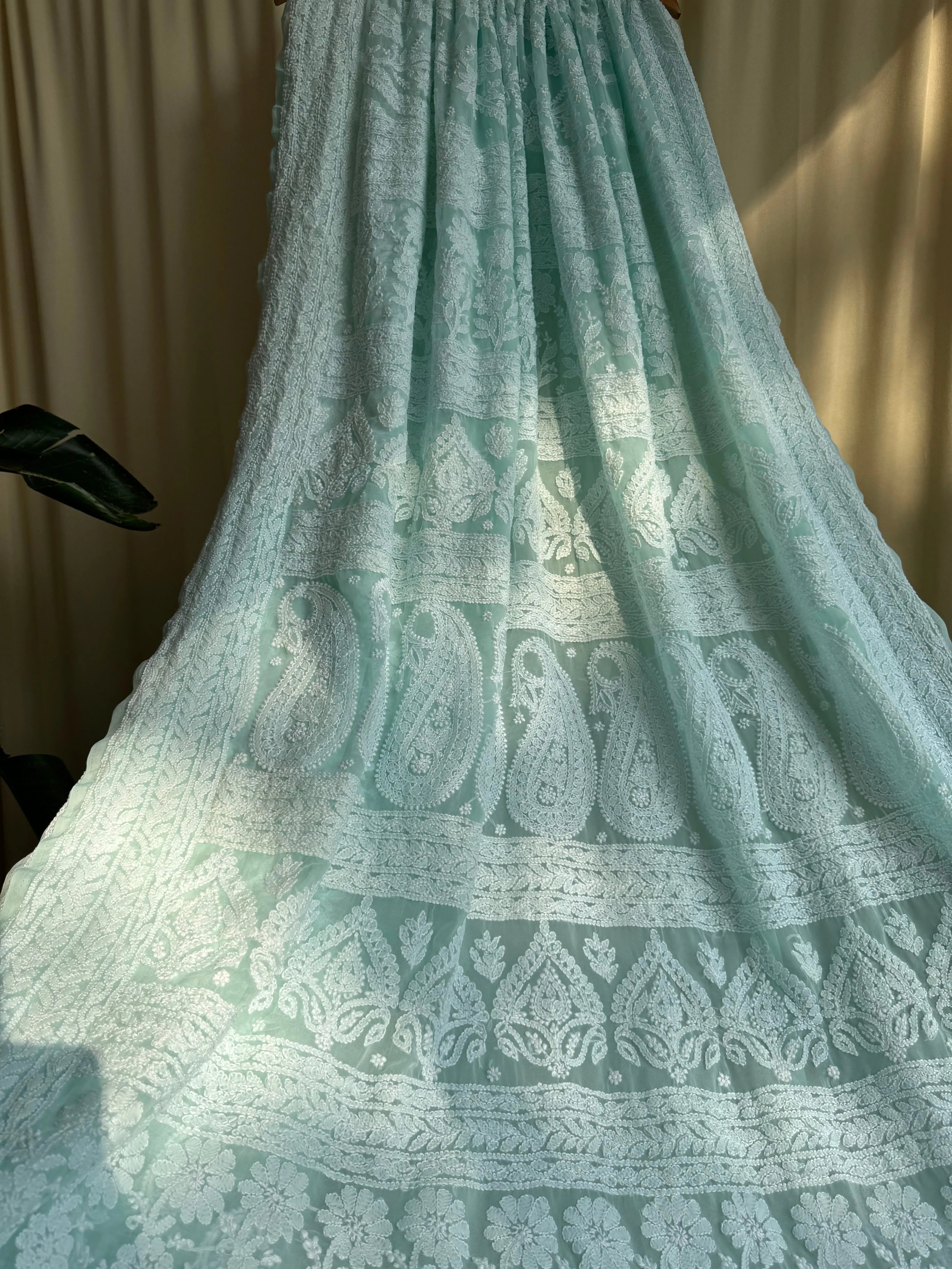 Georgette Chikankari saree in Sea Green ARIAA CHIKANKARI 