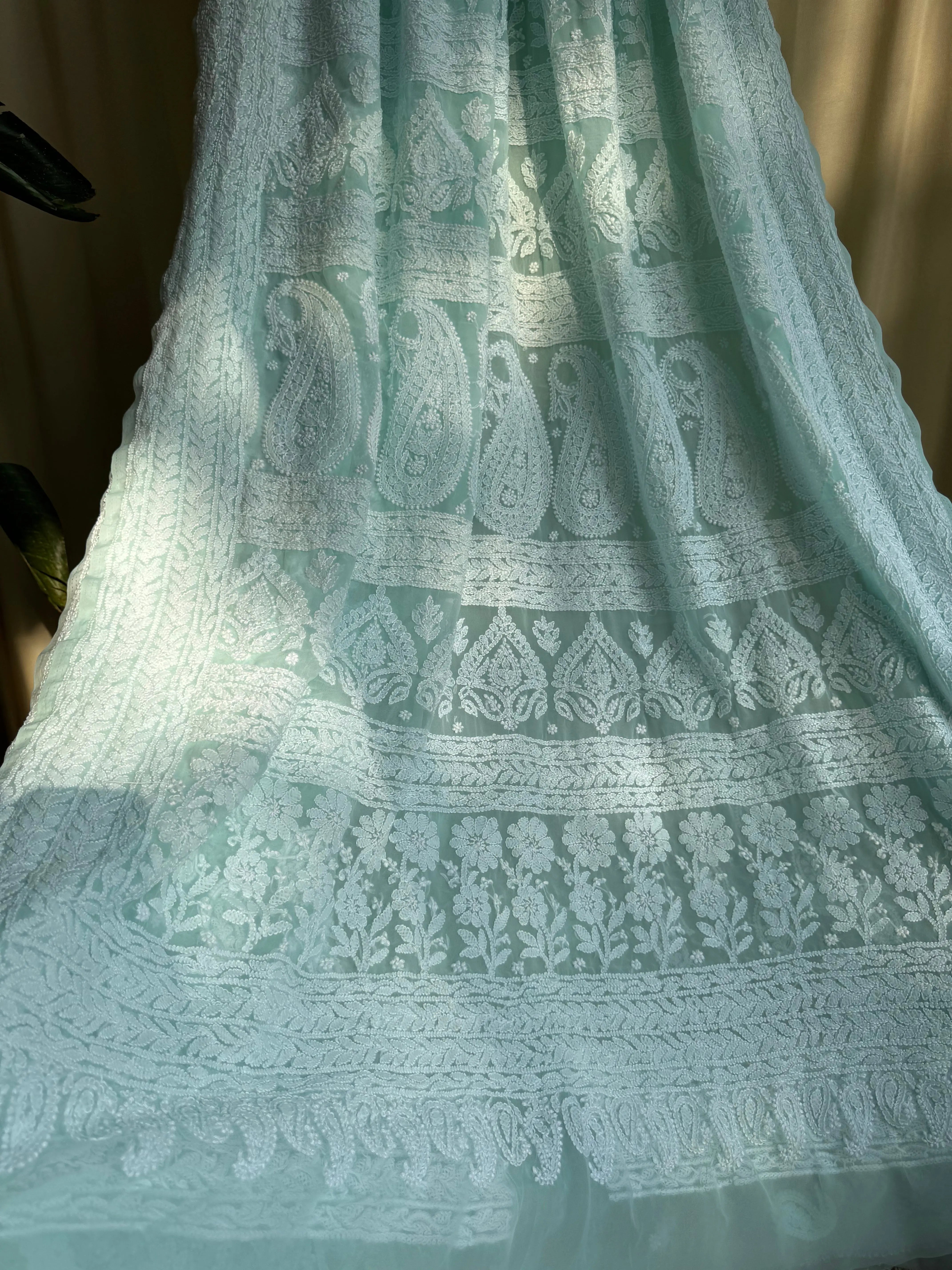 Georgette Chikankari saree in Sea Green ARIAA CHIKANKARI 