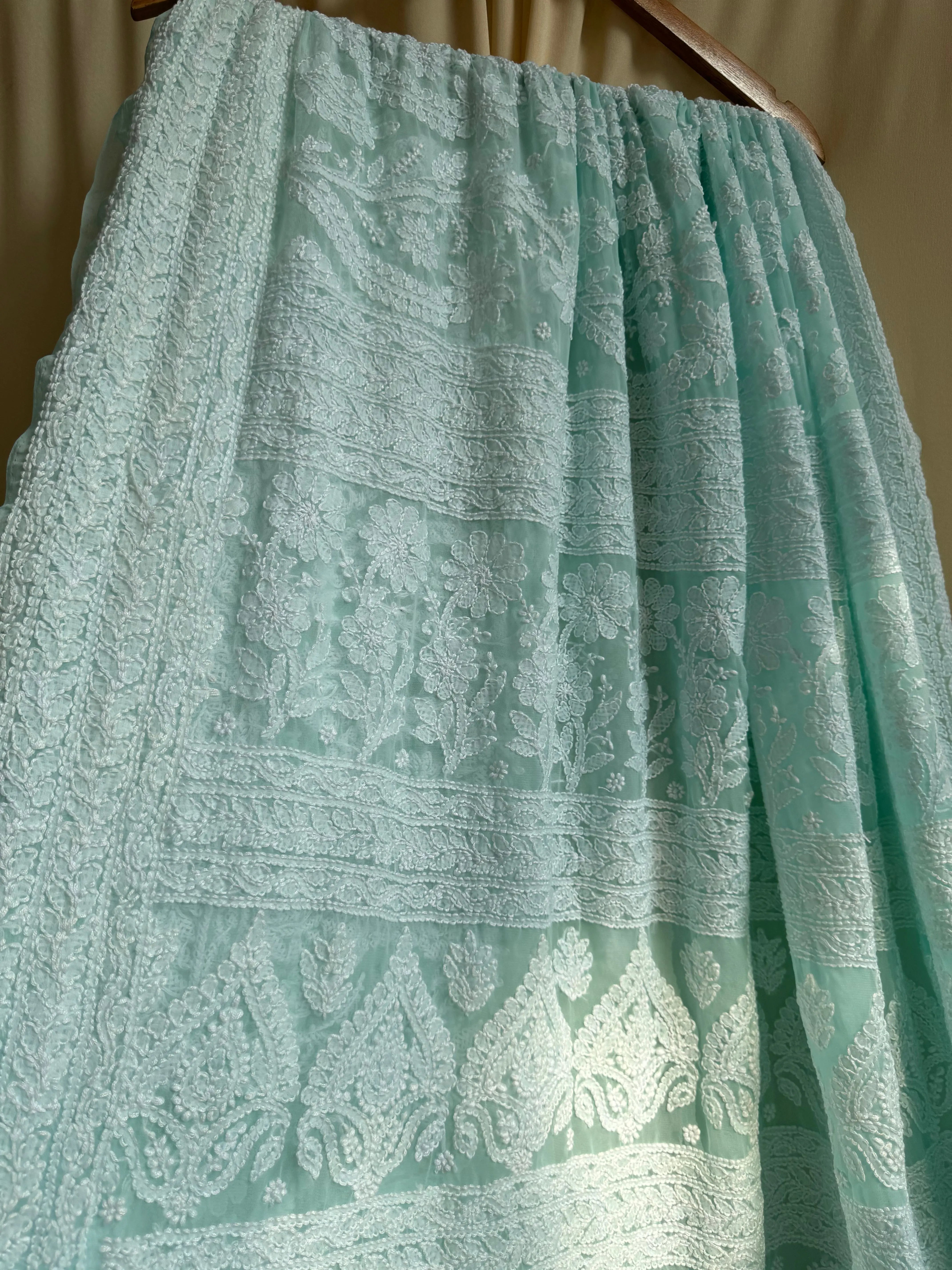 Georgette Chikankari saree in Sea Green ARIAA CHIKANKARI 