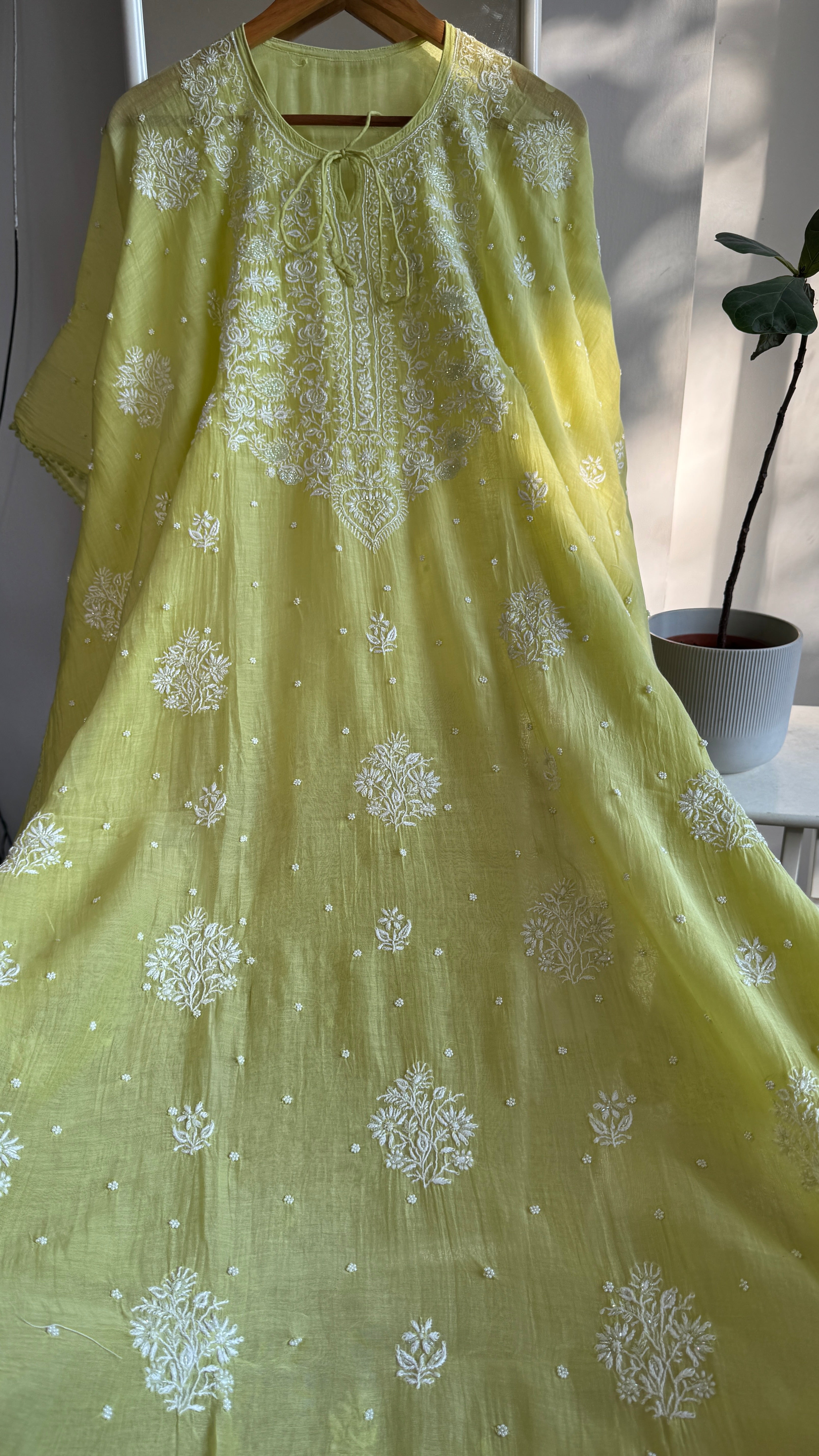 Mul Chanderi Chikankari Kaftan - Green