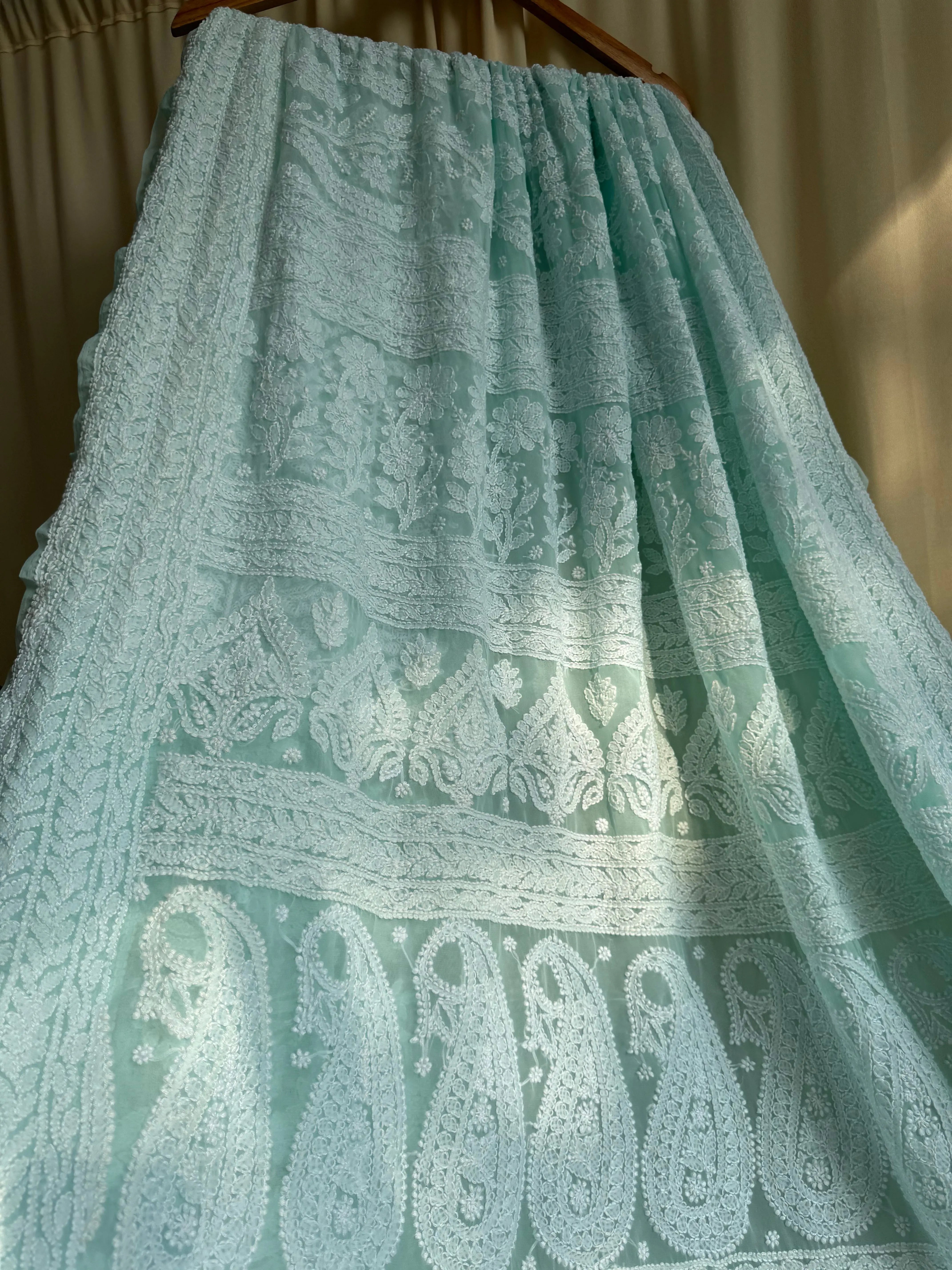 Georgette Chikankari saree in Sea Green ARIAA CHIKANKARI 