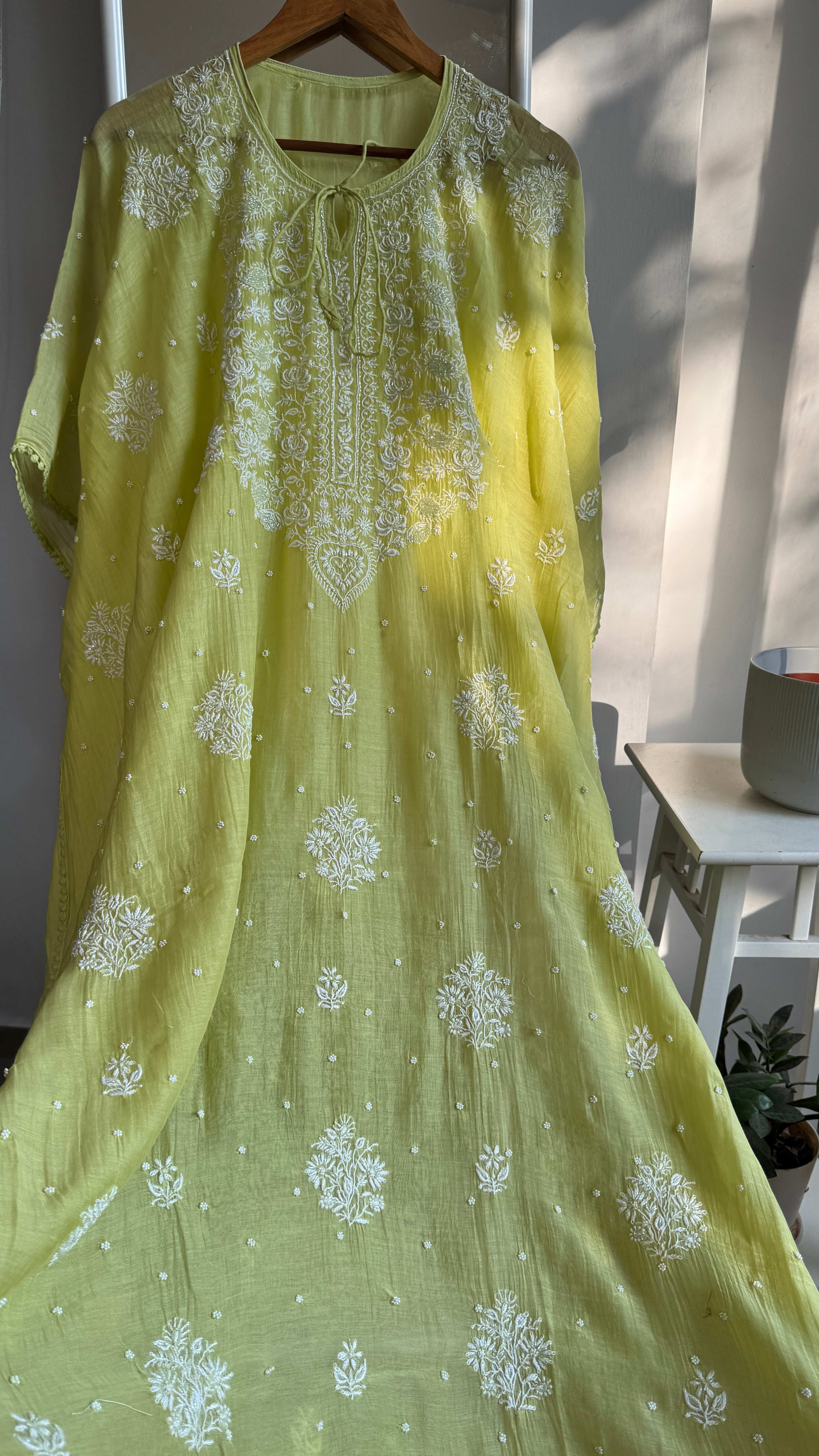 Mul Chanderi Chikankari Kaftan - Green