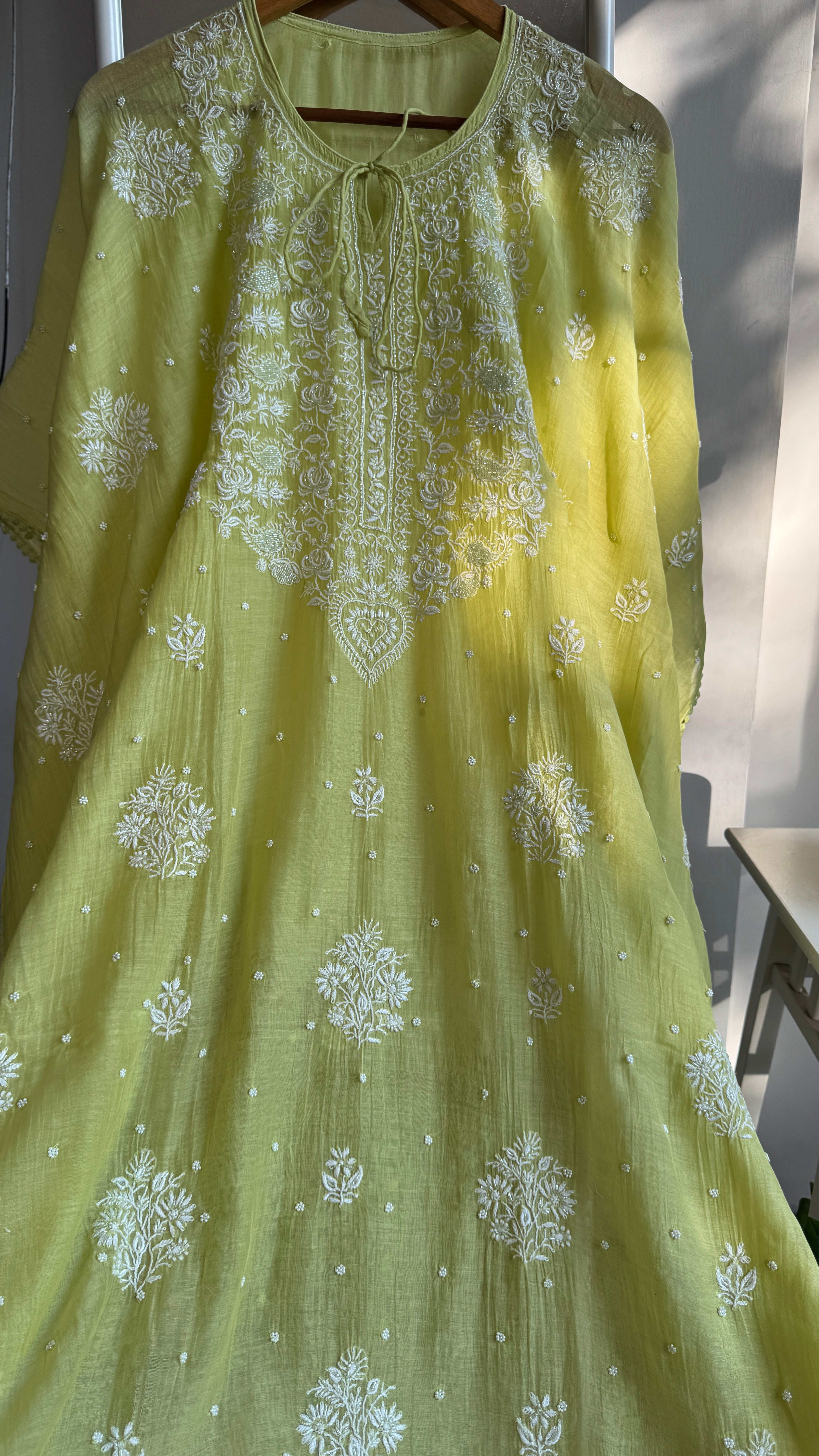 Mul Chanderi Chikankari Kaftan - Green