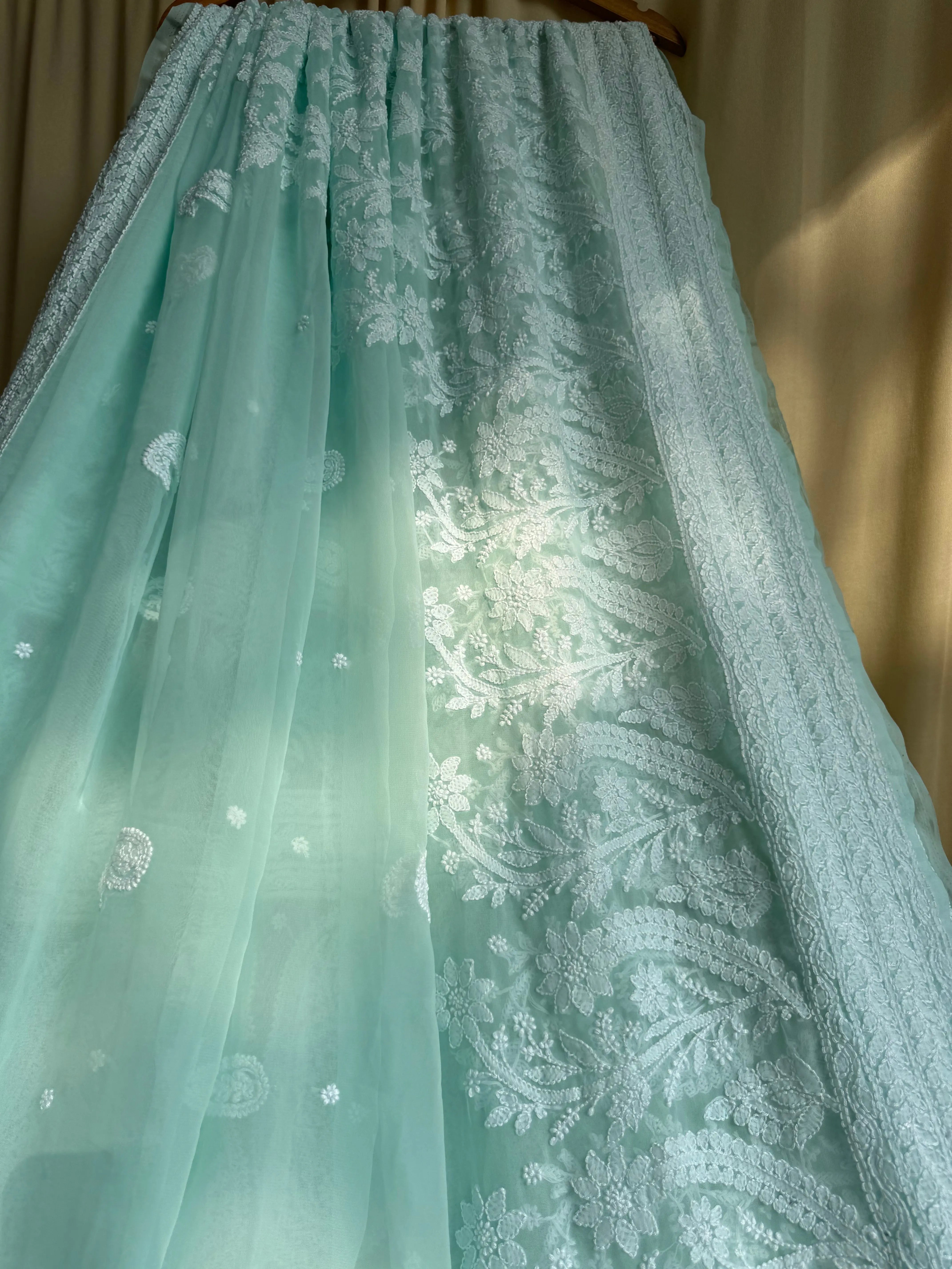 Georgette Chikankari saree in Sea Green ARIAA CHIKANKARI 