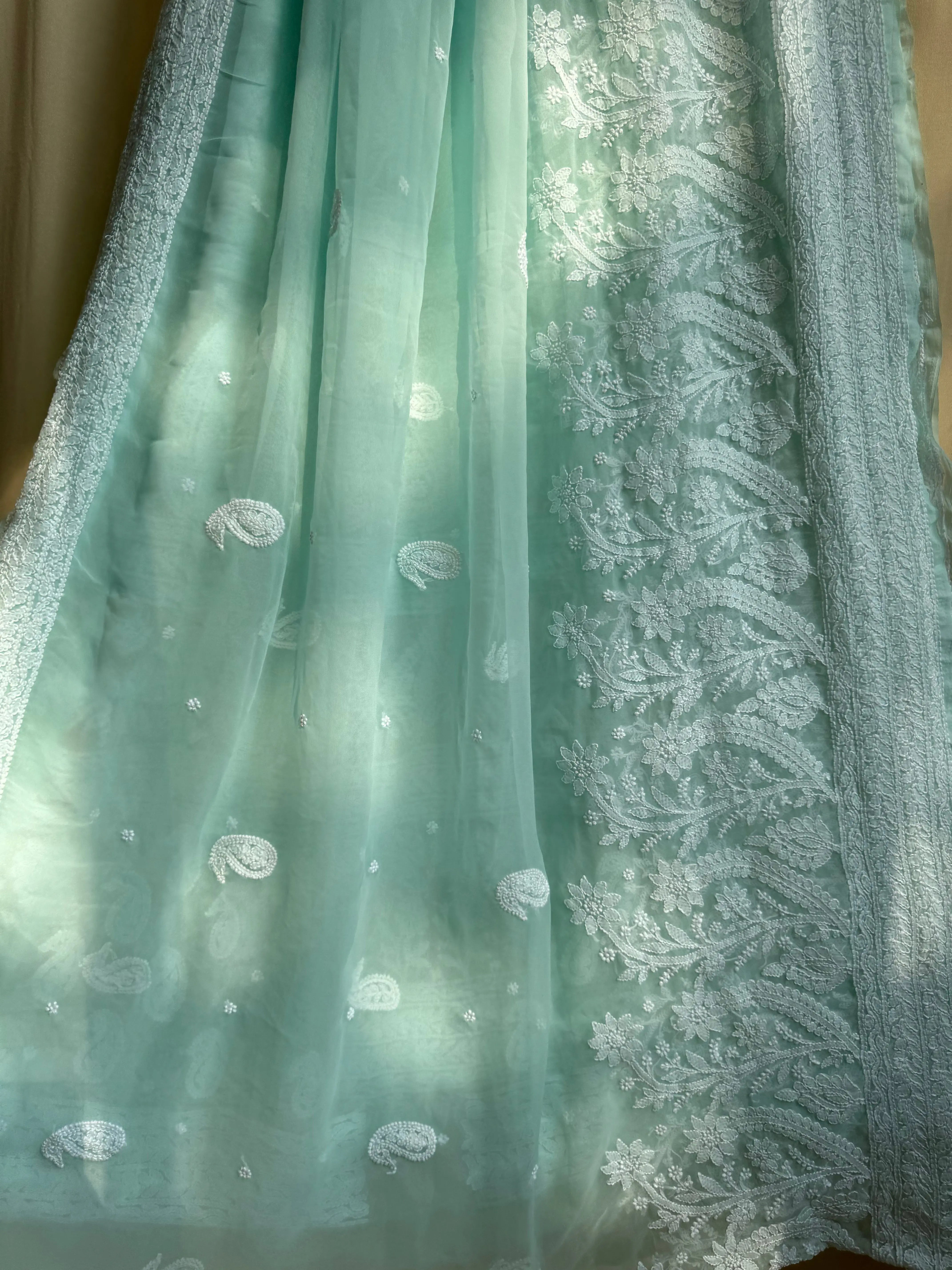 Georgette Chikankari saree in Sea Green ARIAA CHIKANKARI 