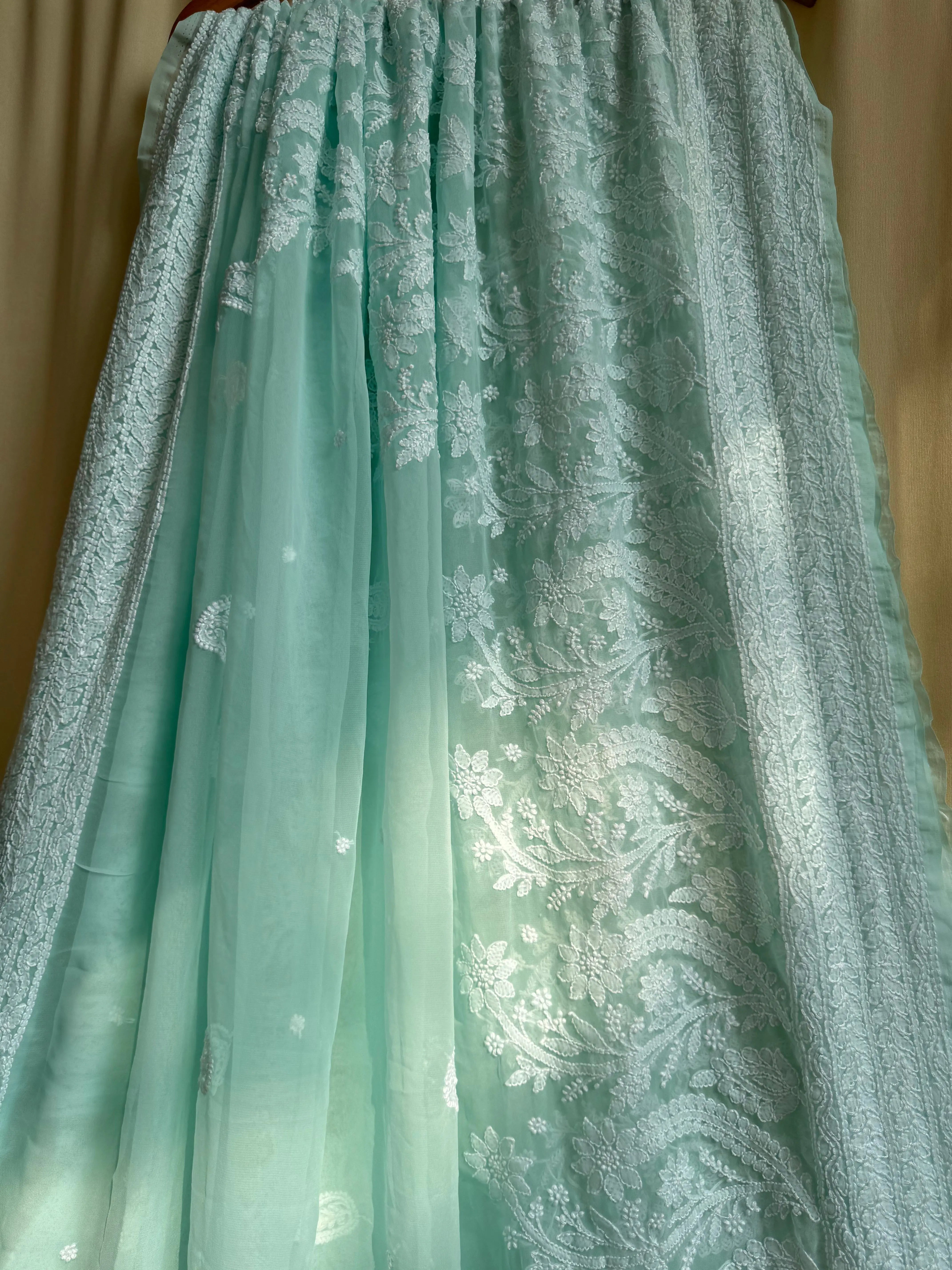 Georgette Chikankari saree in Sea Green ARIAA CHIKANKARI 