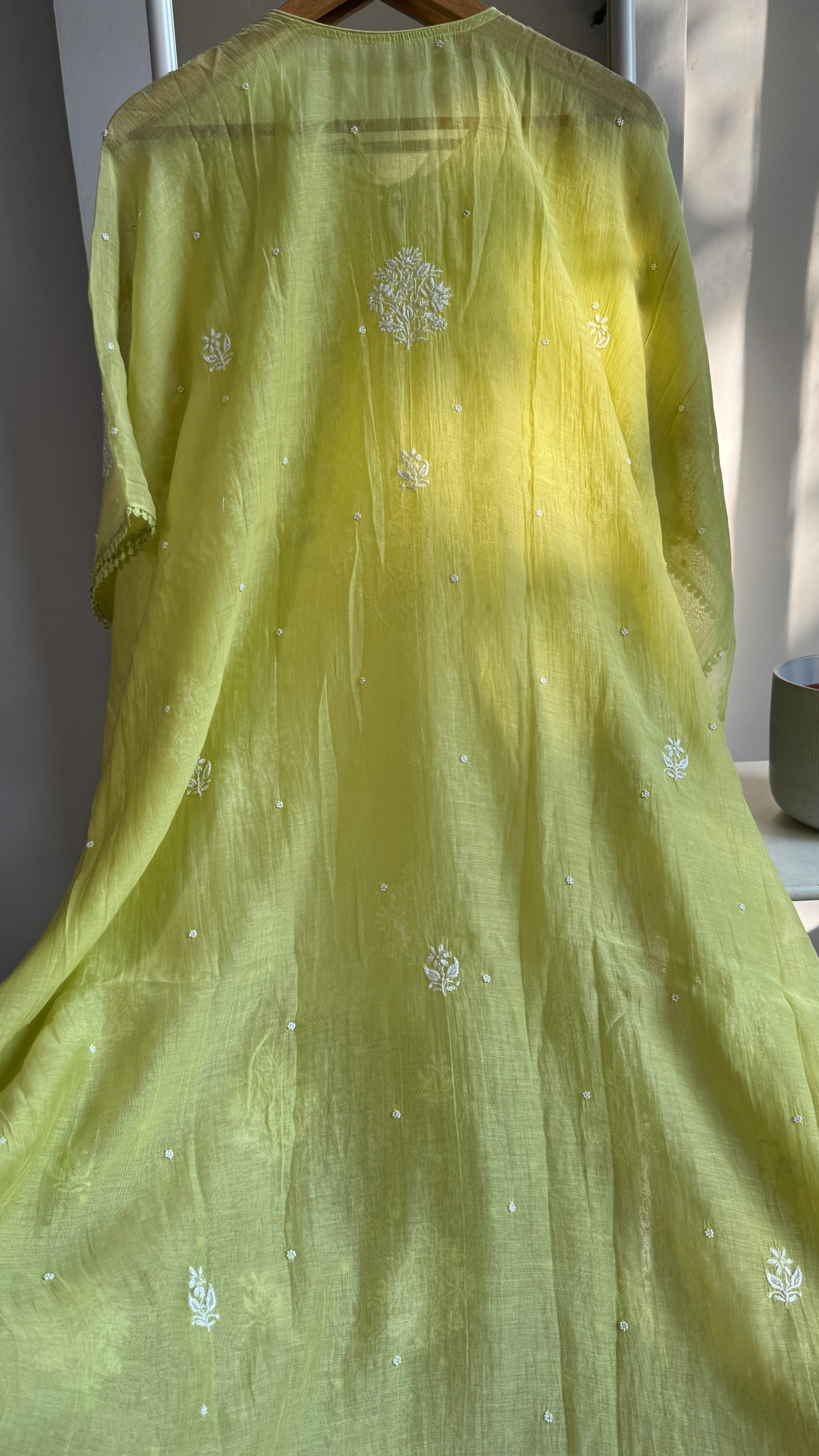 Mul Chanderi Chikankari Kaftan - Green