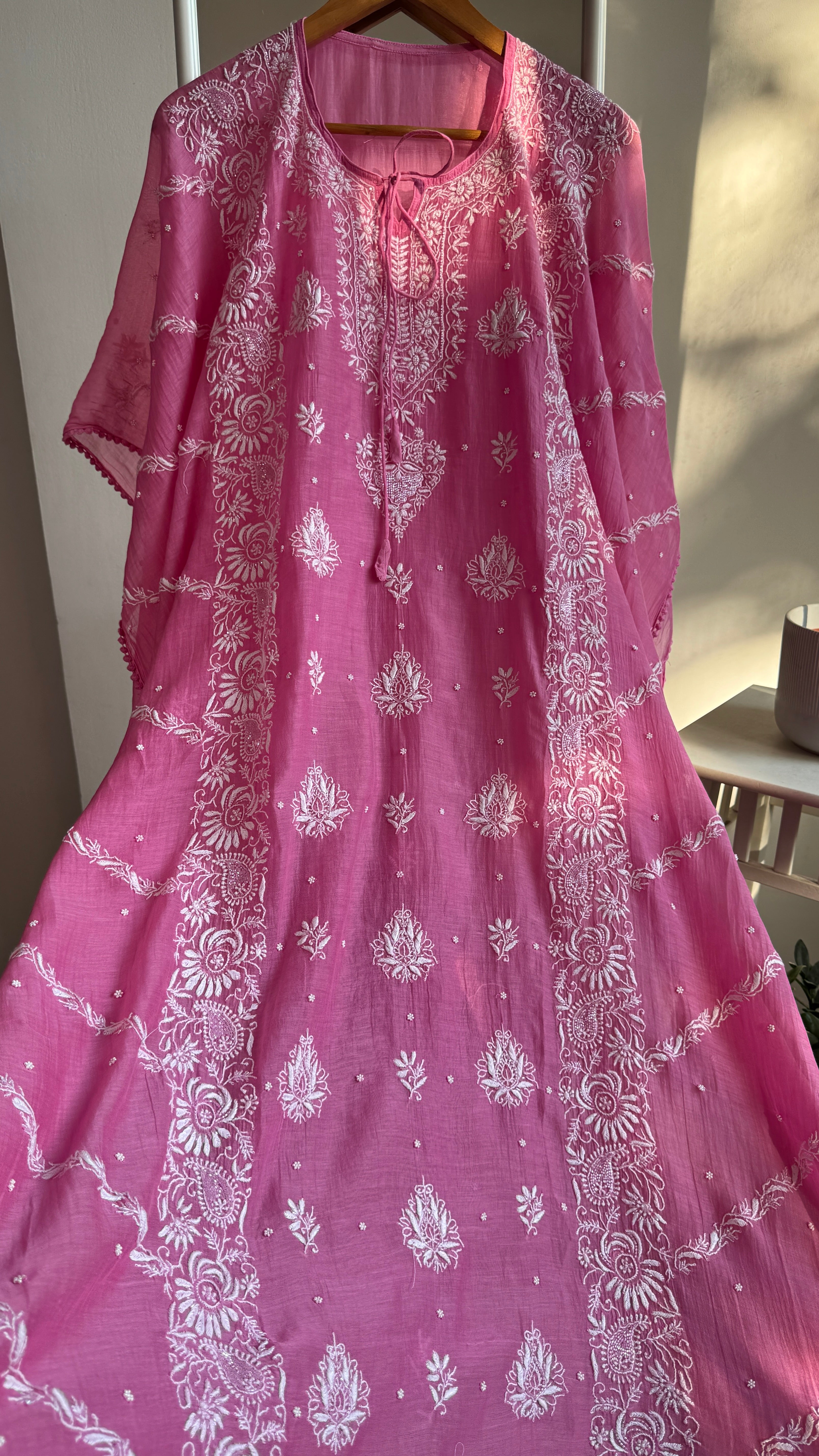 Mul Chanderi Chikankari Kaftan - Hot Pink