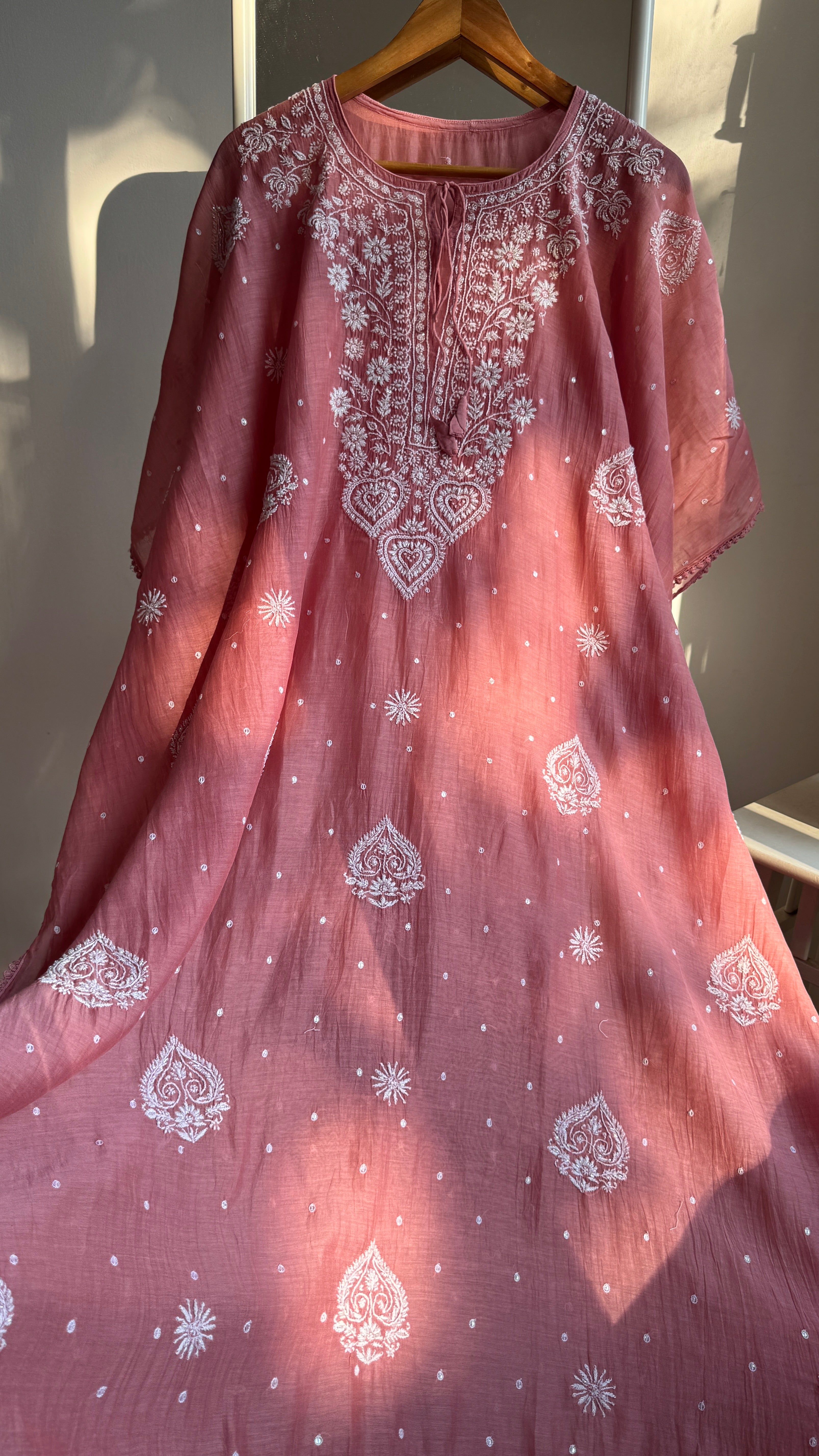 Mul Chanderi Chikankari Kaftan - Rosewood