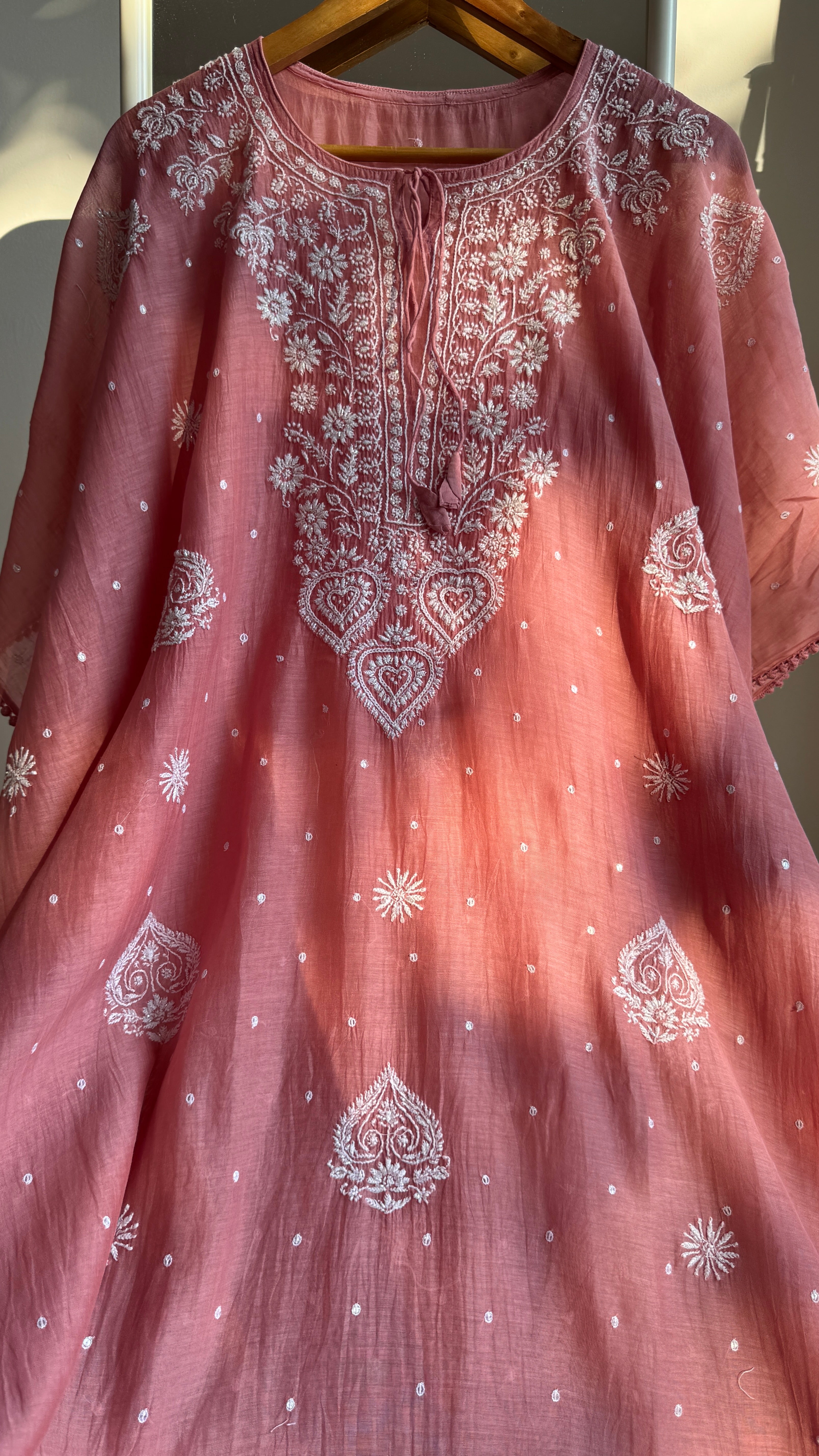 Mul Chanderi Chikankari Kaftan - Rosewood