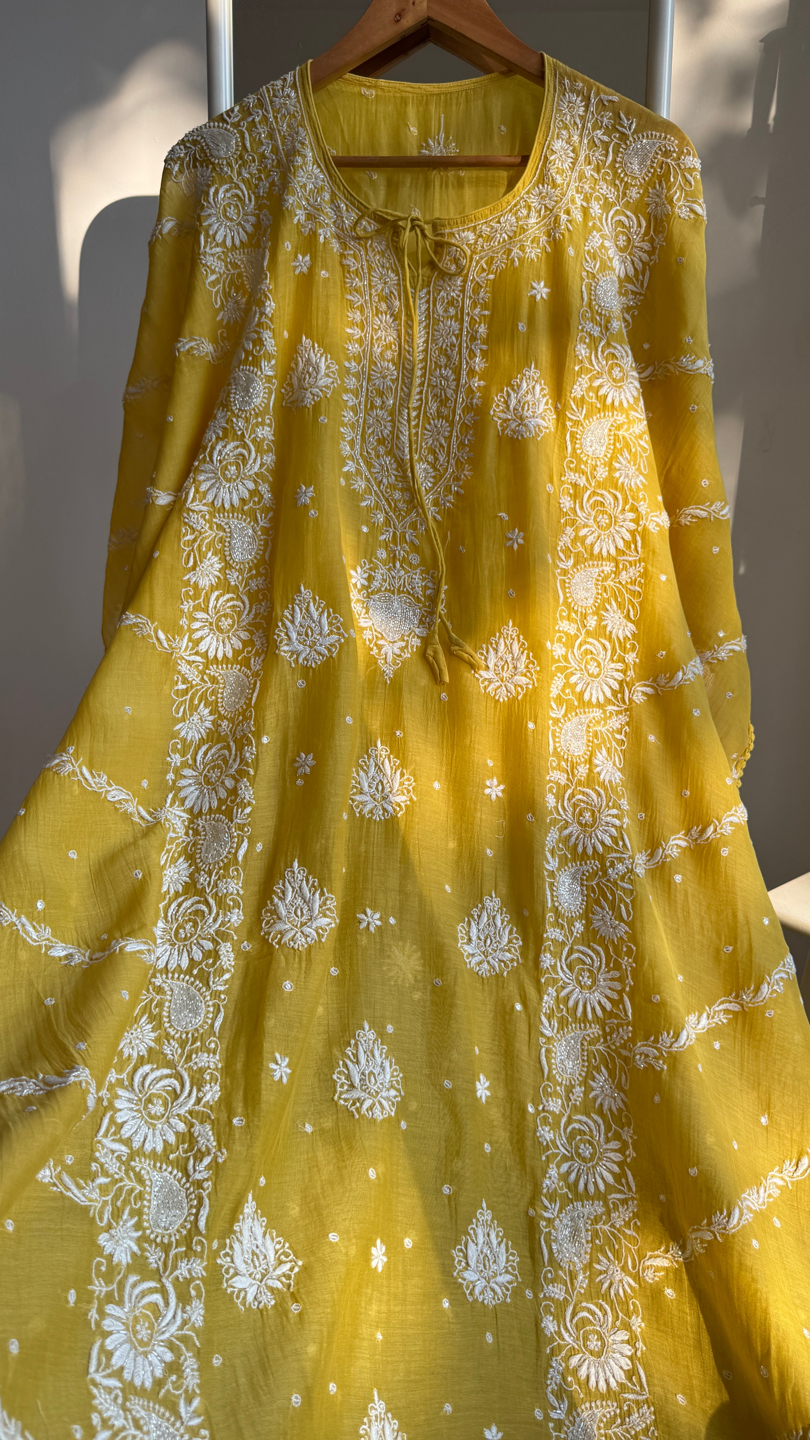 Mul Chanderi Chikankari Kaftan - Yellow