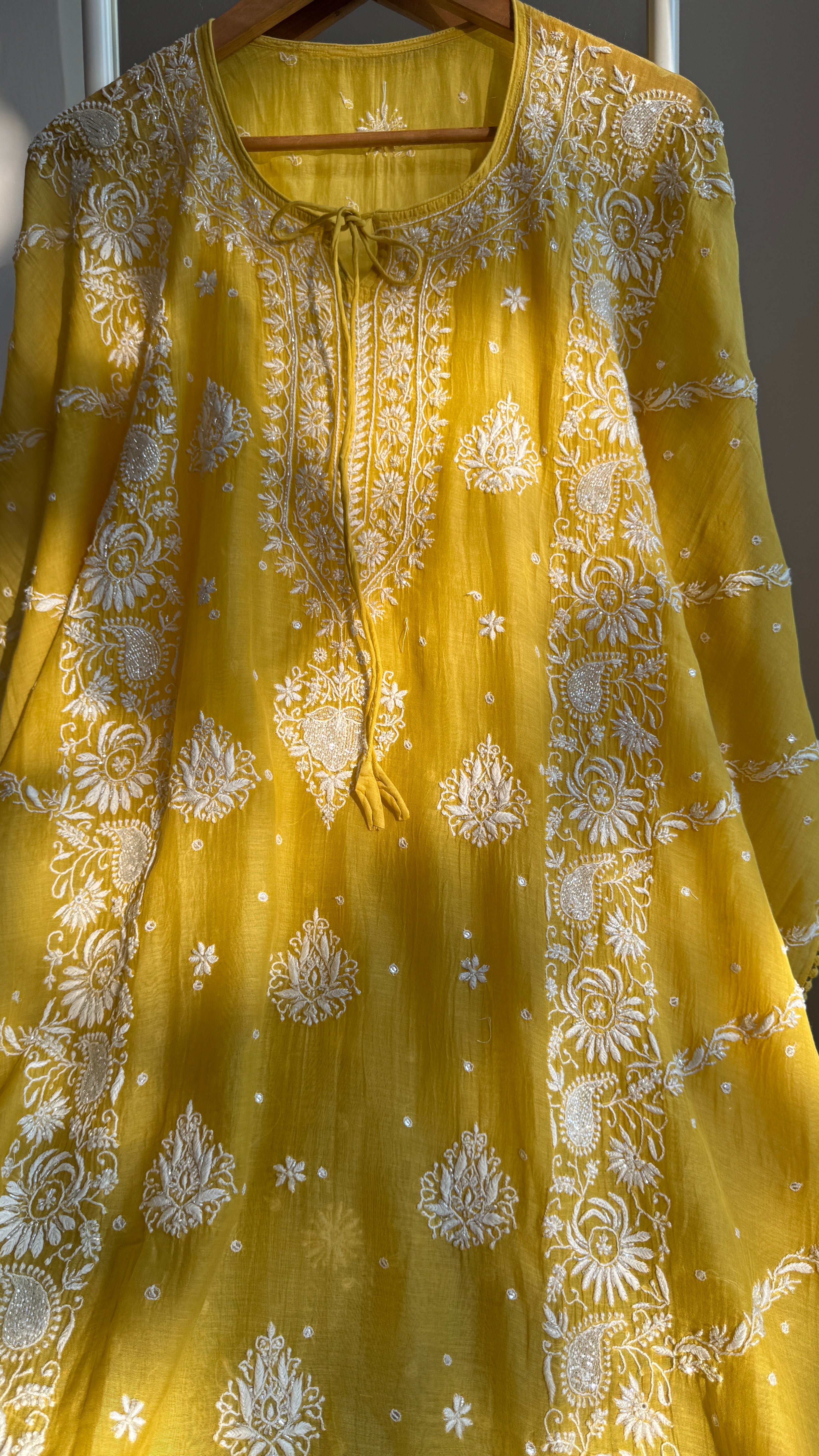 Mul Chanderi Chikankari Kaftan - Yellow