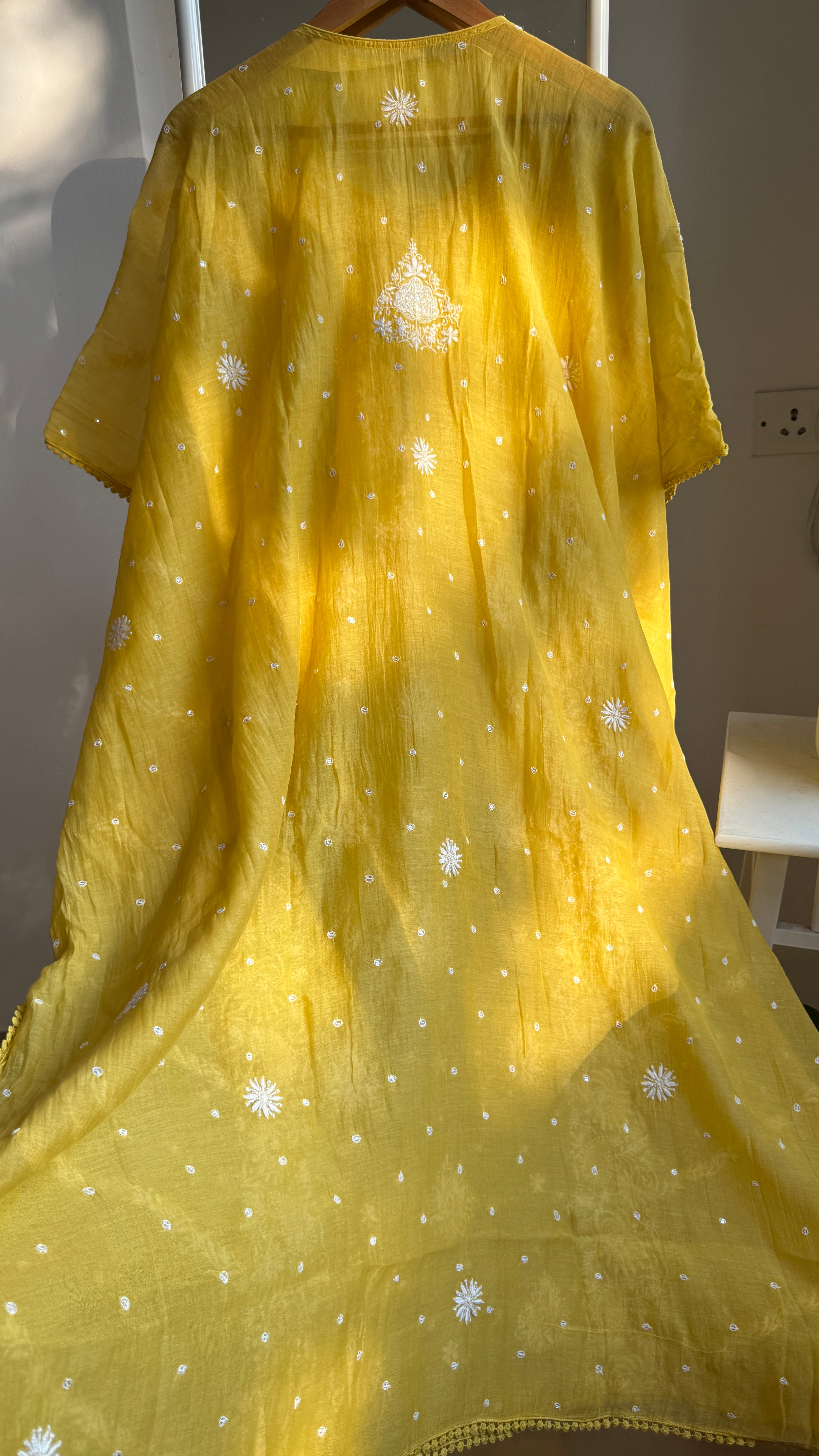 Mul Chanderi Chikankari Kaftan - Yellow