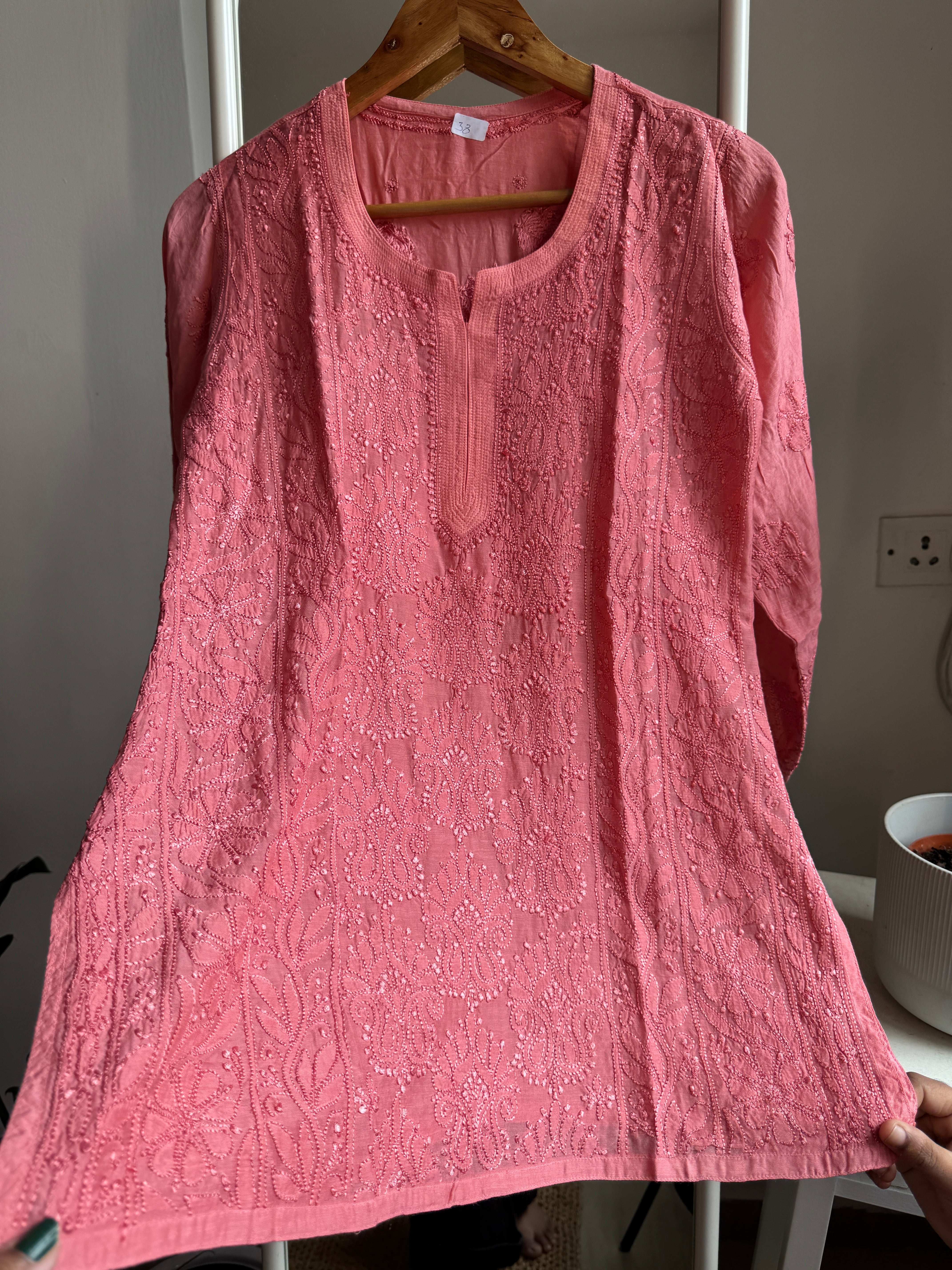 Chikankari Muslin short Top in Carrot Pink - HOOR Collection ARIAA CHIKANKARI 