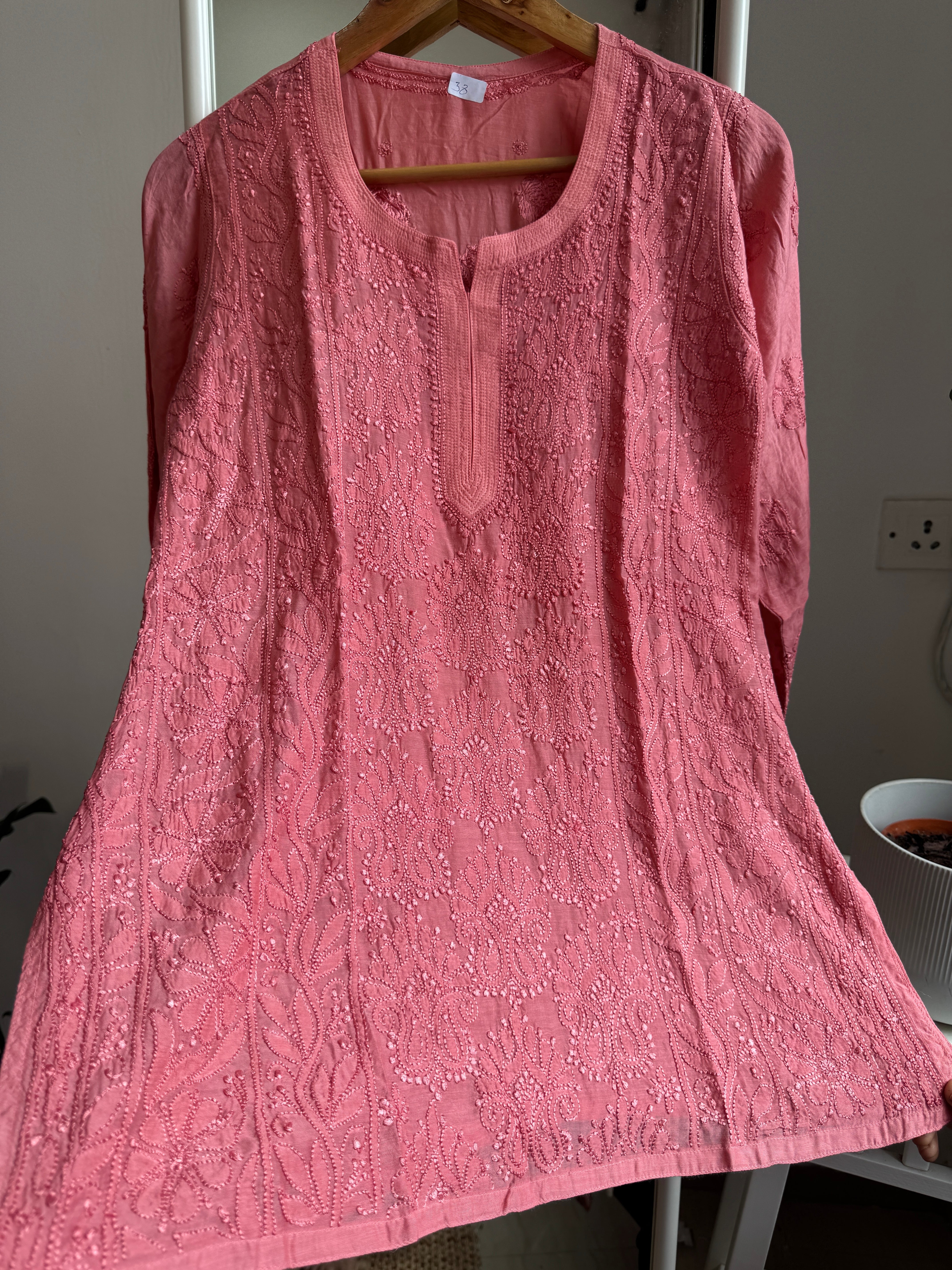 Chikankari Muslin short Top in Carrot Pink - HOOR Collection ARIAA CHIKANKARI 