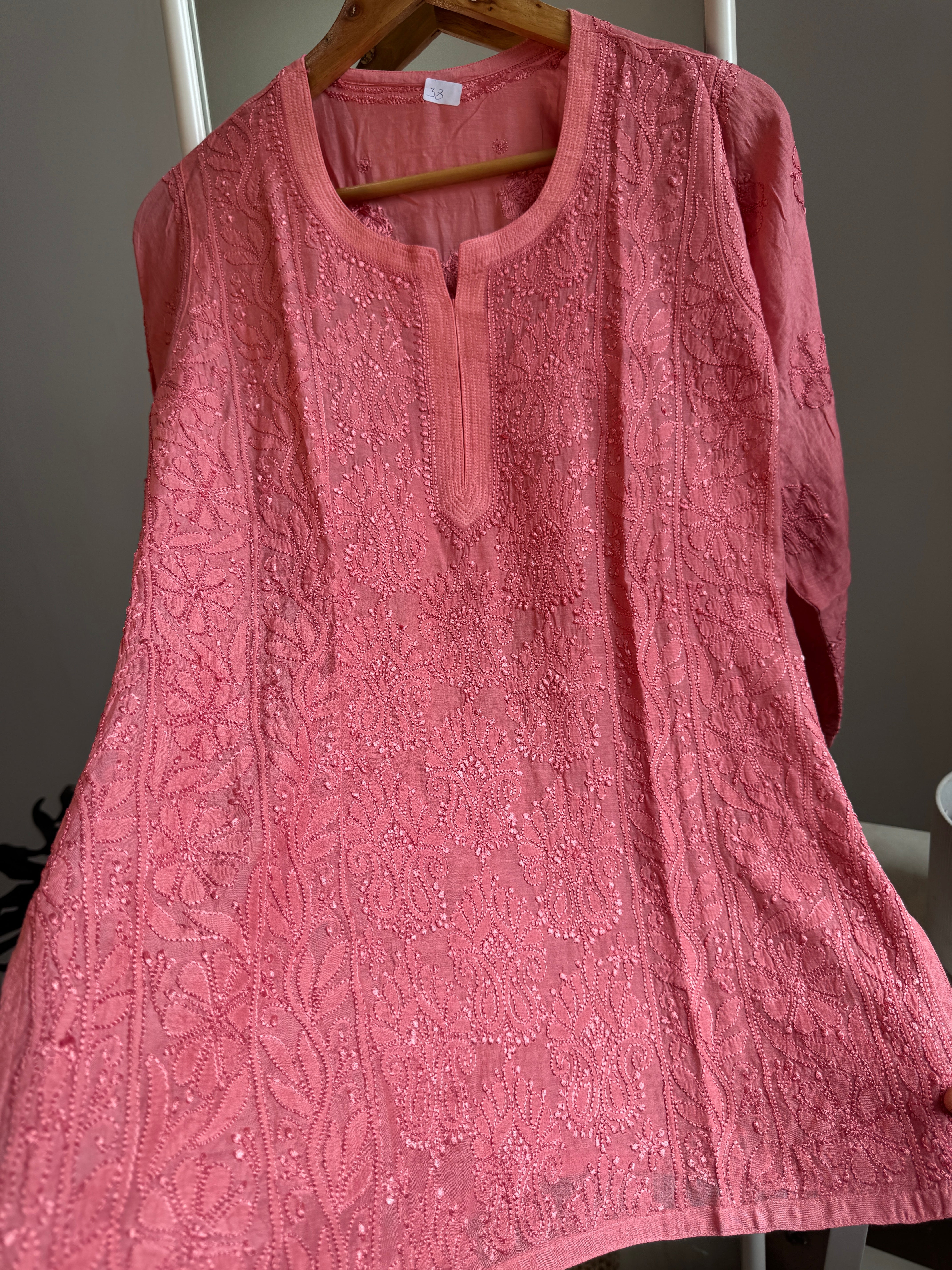 Chikankari Muslin short Top in Carrot Pink - HOOR Collection ARIAA CHIKANKARI 