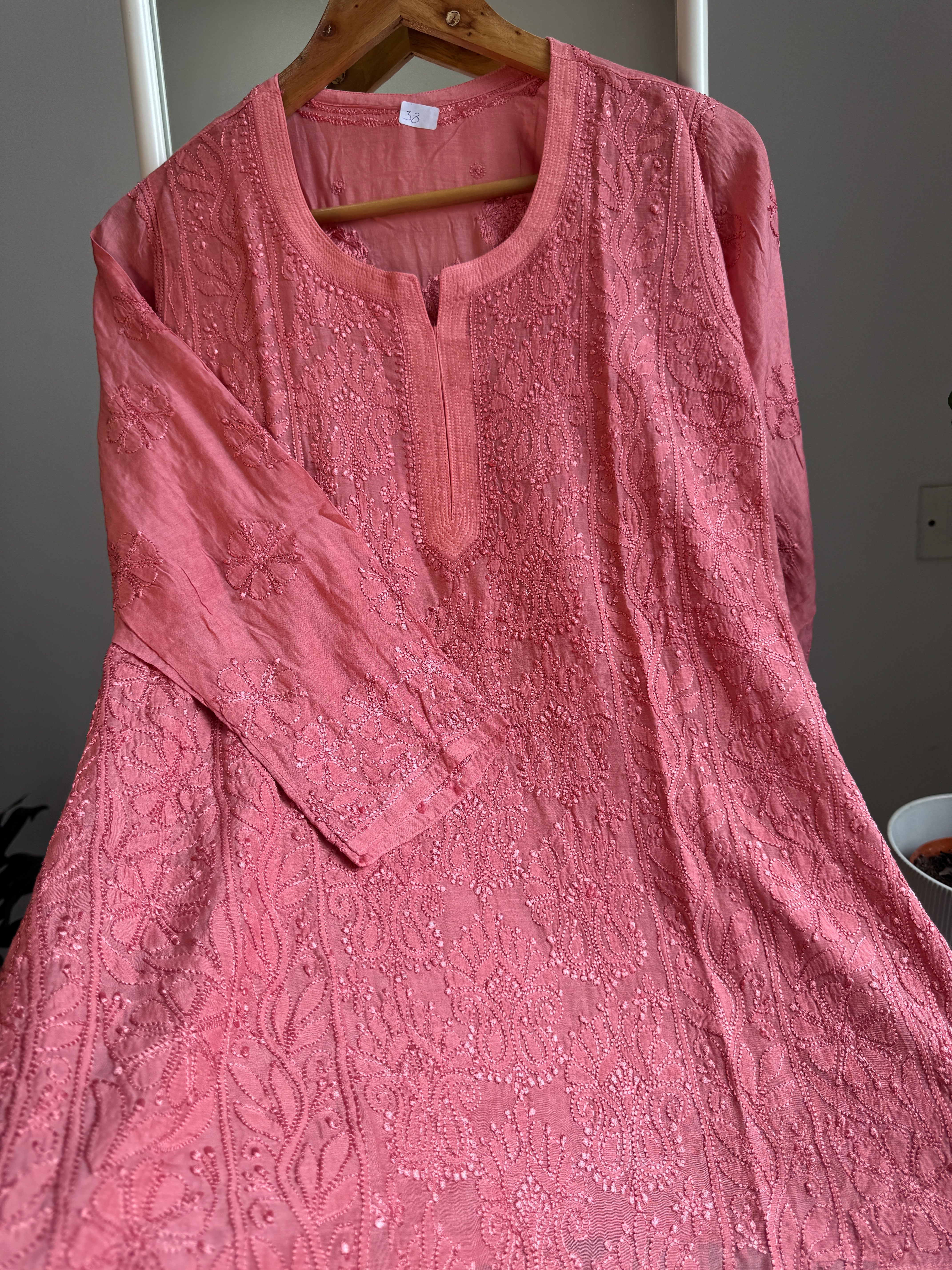 Chikankari Muslin short Top in Carrot Pink - HOOR Collection ARIAA CHIKANKARI 