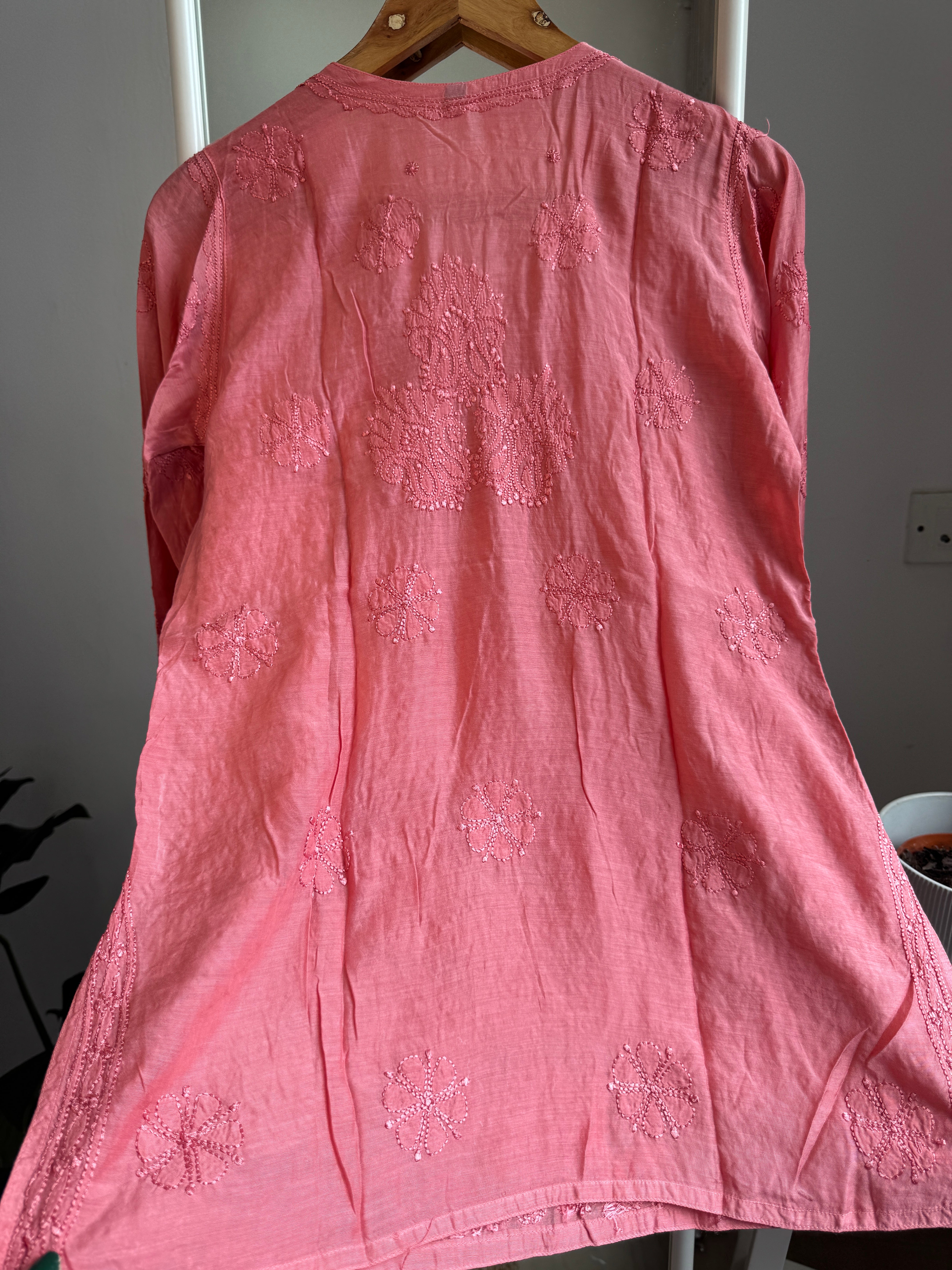 Chikankari Muslin short Top in Carrot Pink - HOOR Collection ARIAA CHIKANKARI 