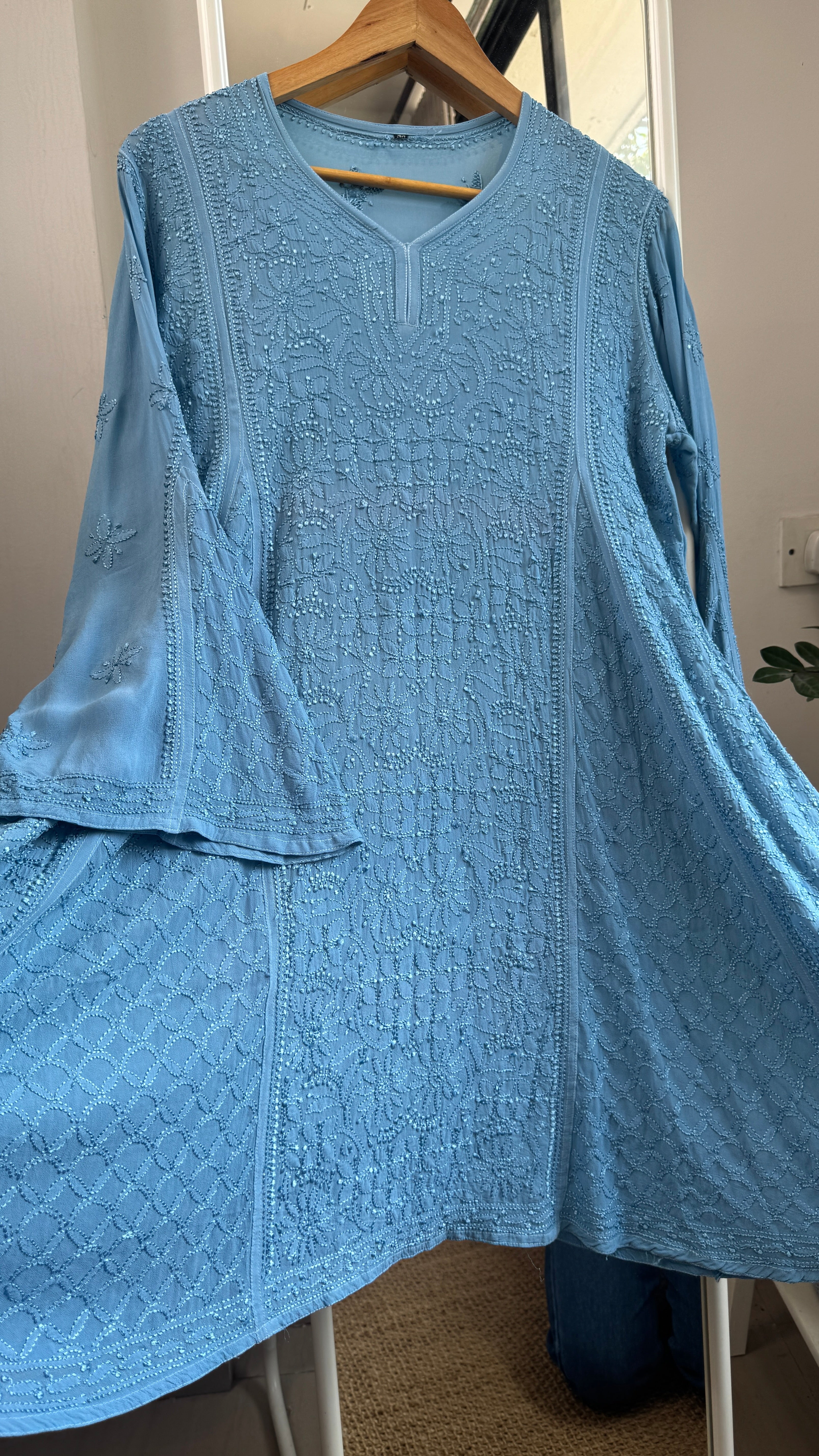 Viscose Chikankari Short Anarkali - Blue - Sahar Collection