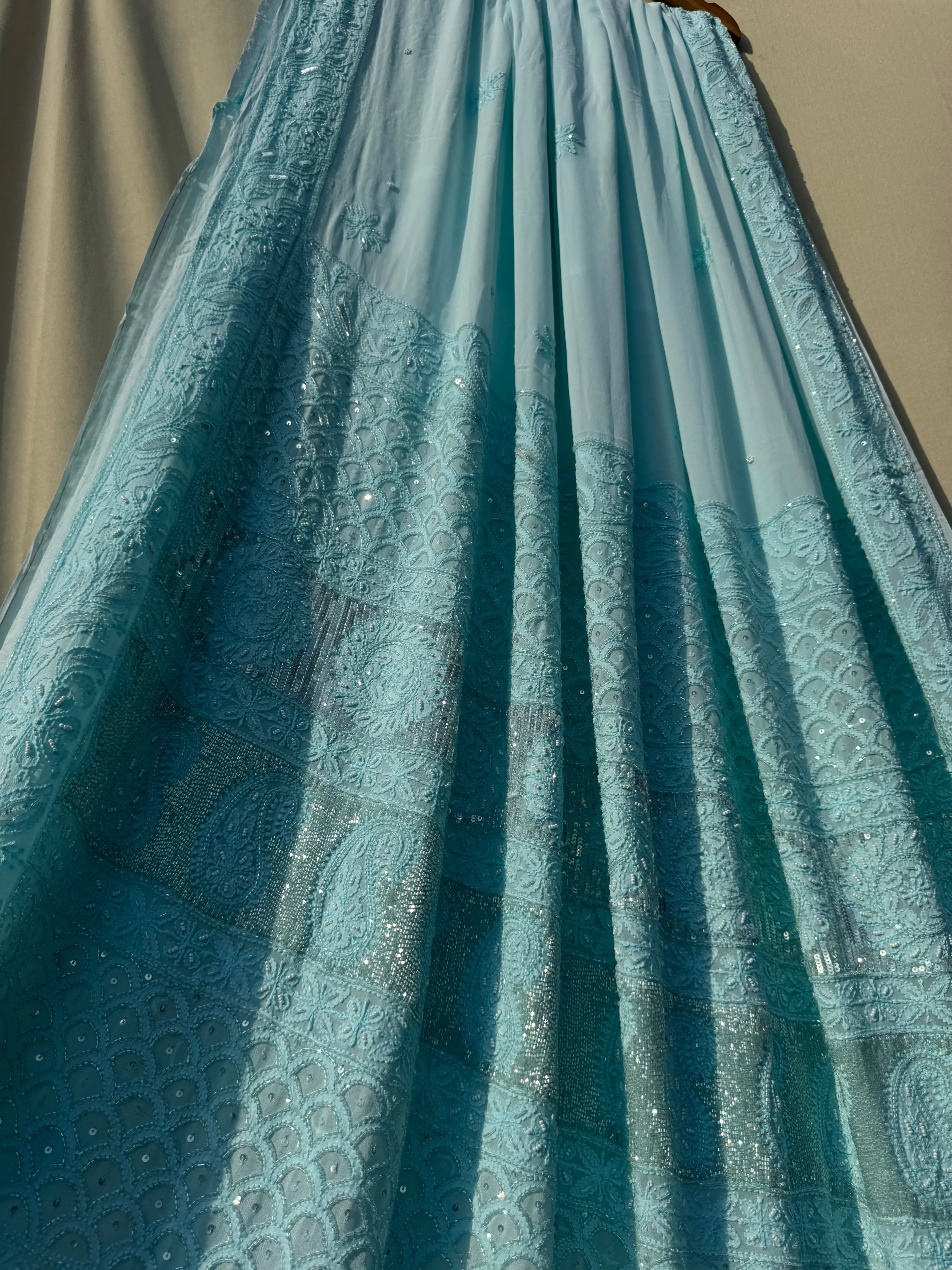 Viscose Blue Chikankari saree with Pearl embellishments