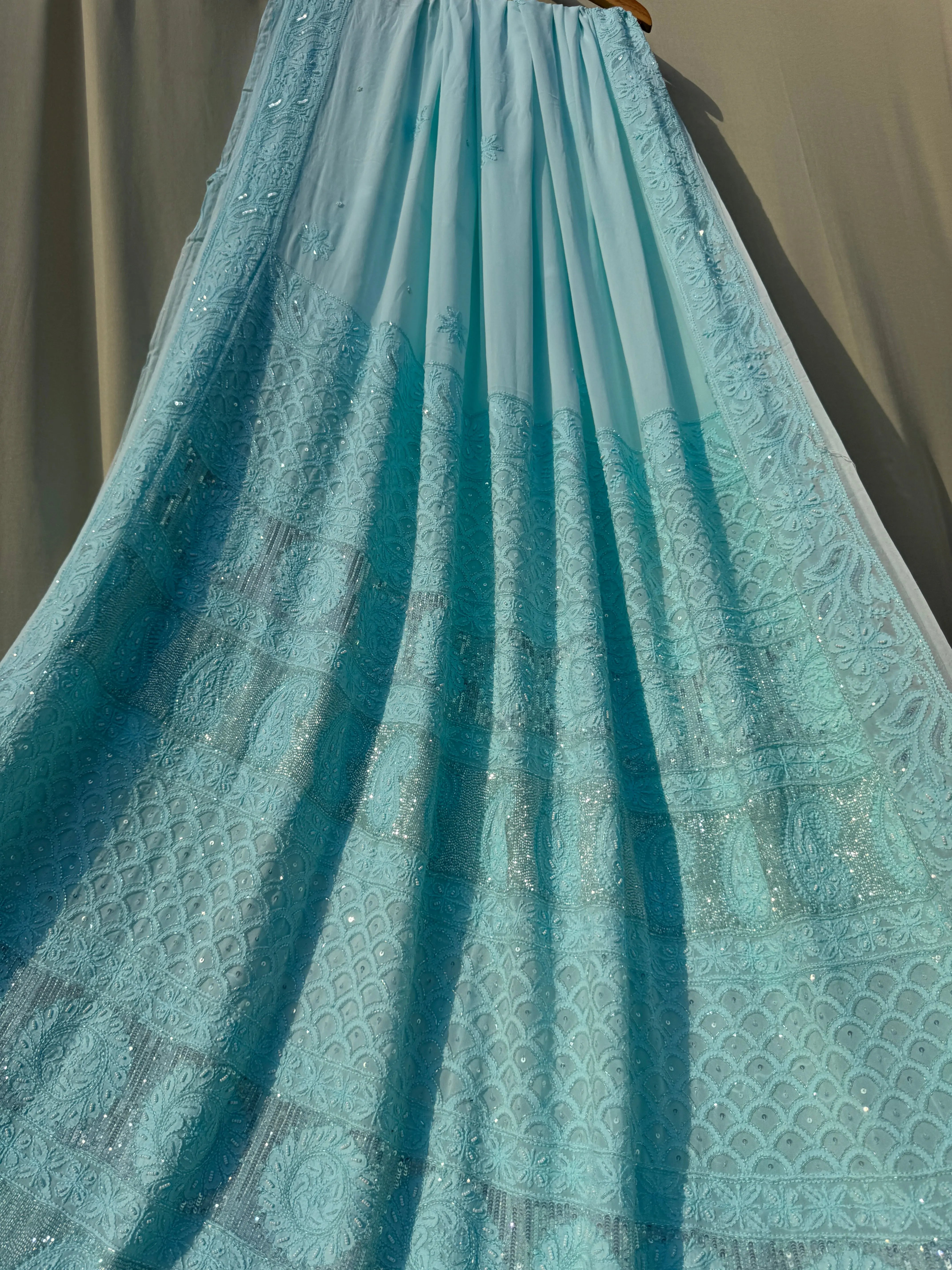 Viscose Blue Chikankari saree with Pearl embellishments ARIAA CHIKANKARI 