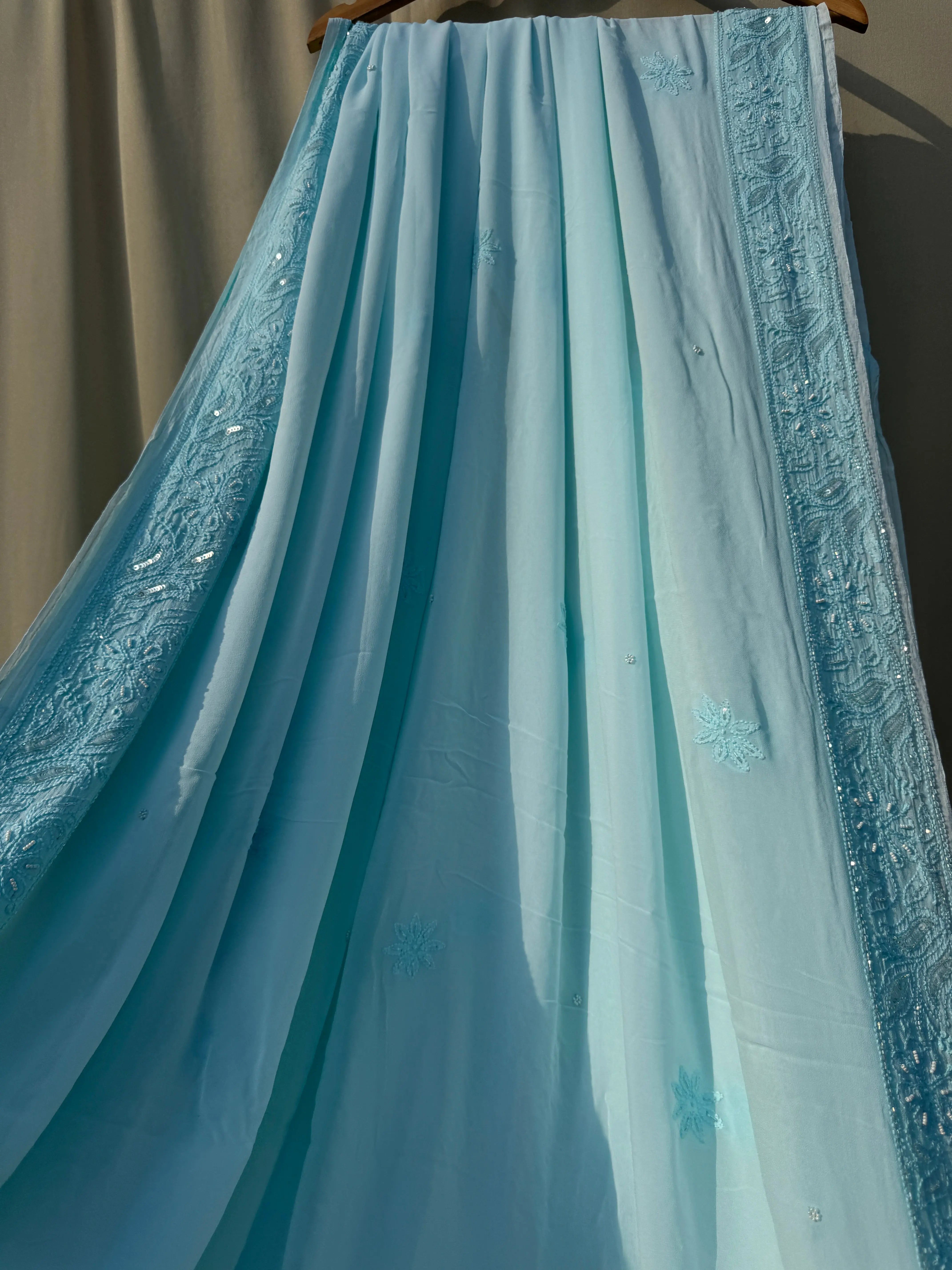 Viscose Blue Chikankari saree with Pearl embellishments ARIAA CHIKANKARI 
