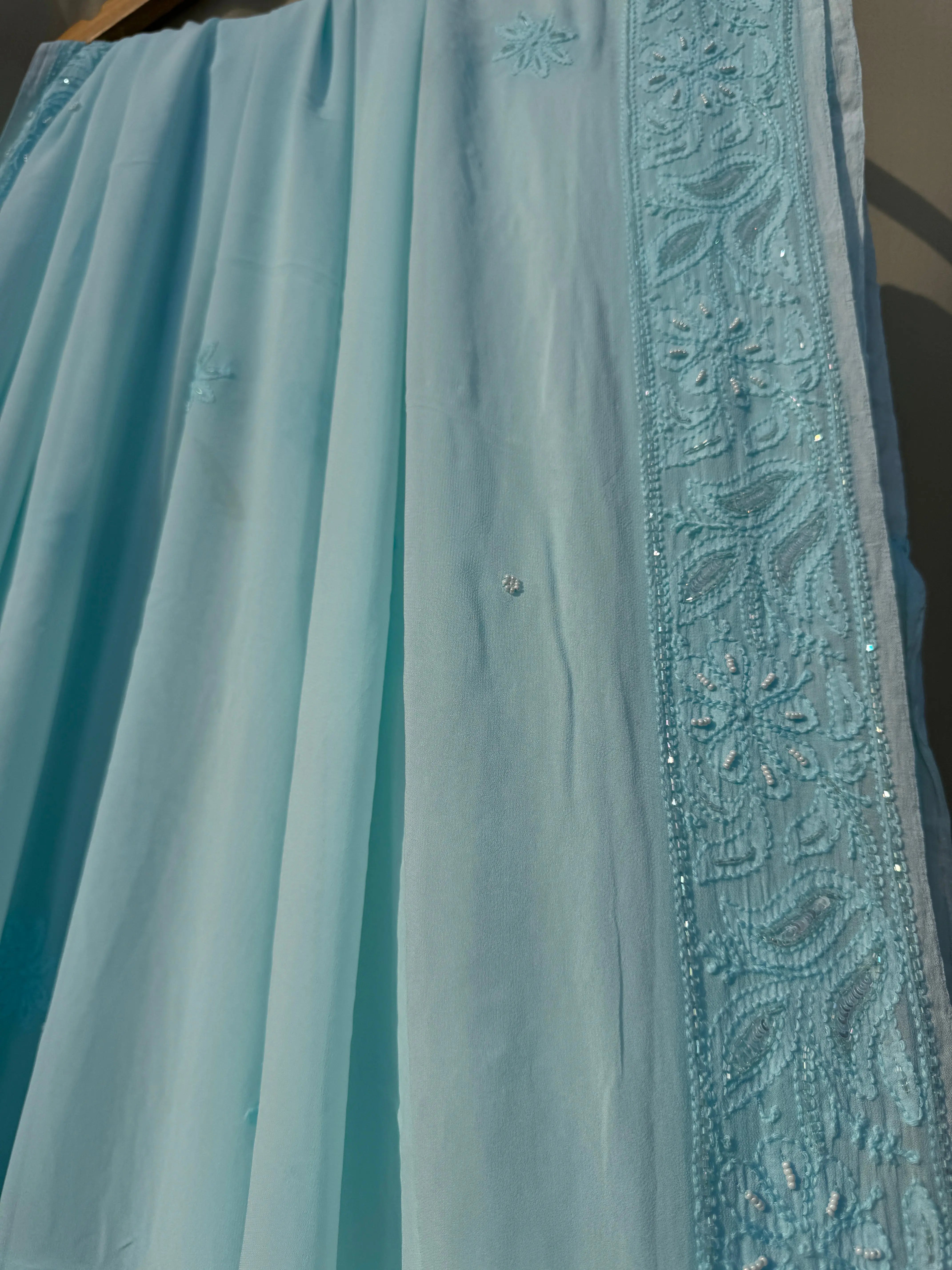 Viscose Blue Chikankari saree with Pearl embellishments ARIAA CHIKANKARI 
