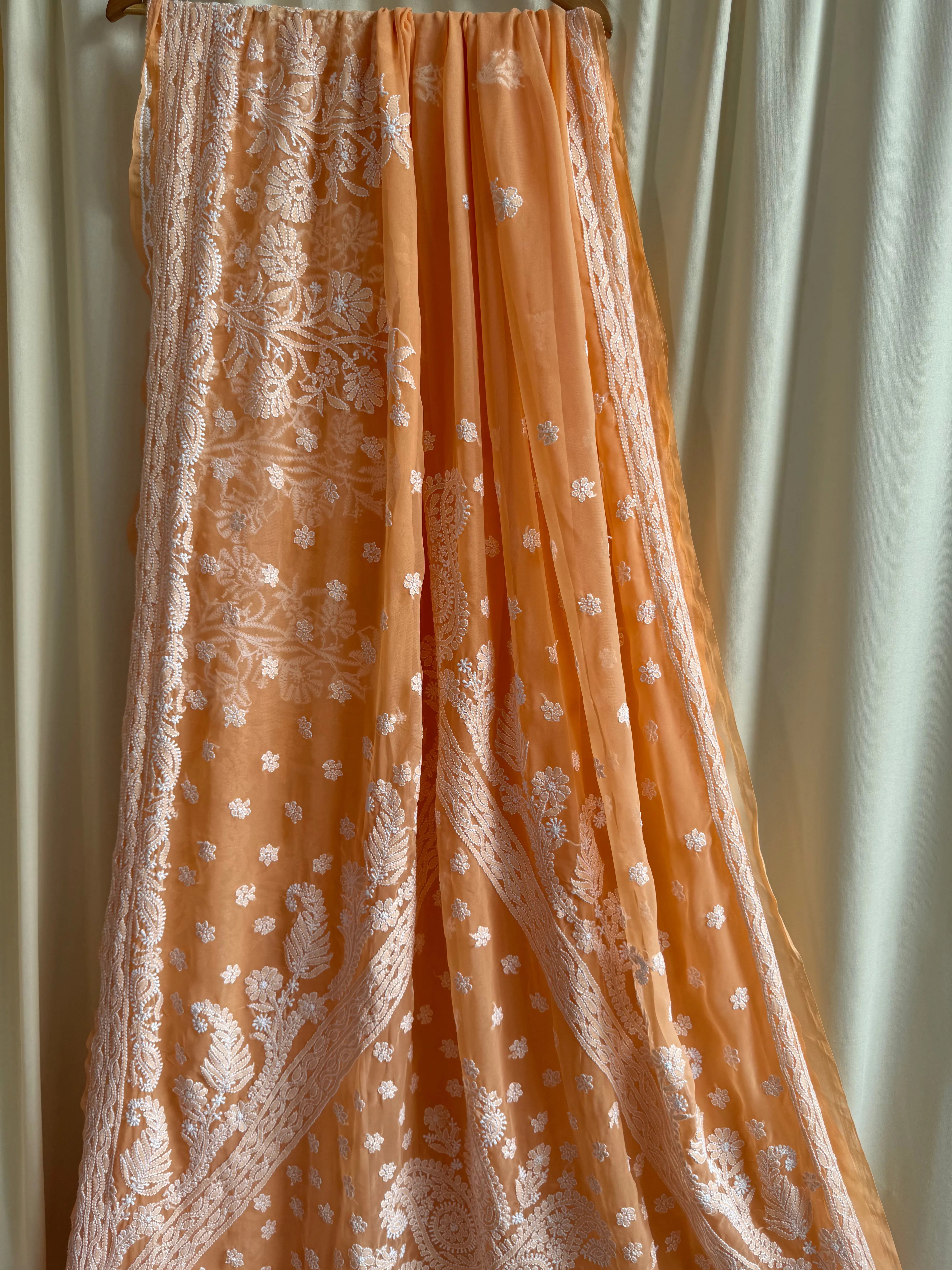 Georgette Chikankari saree in Sunset Orange ARIAA CHIKANKARI 