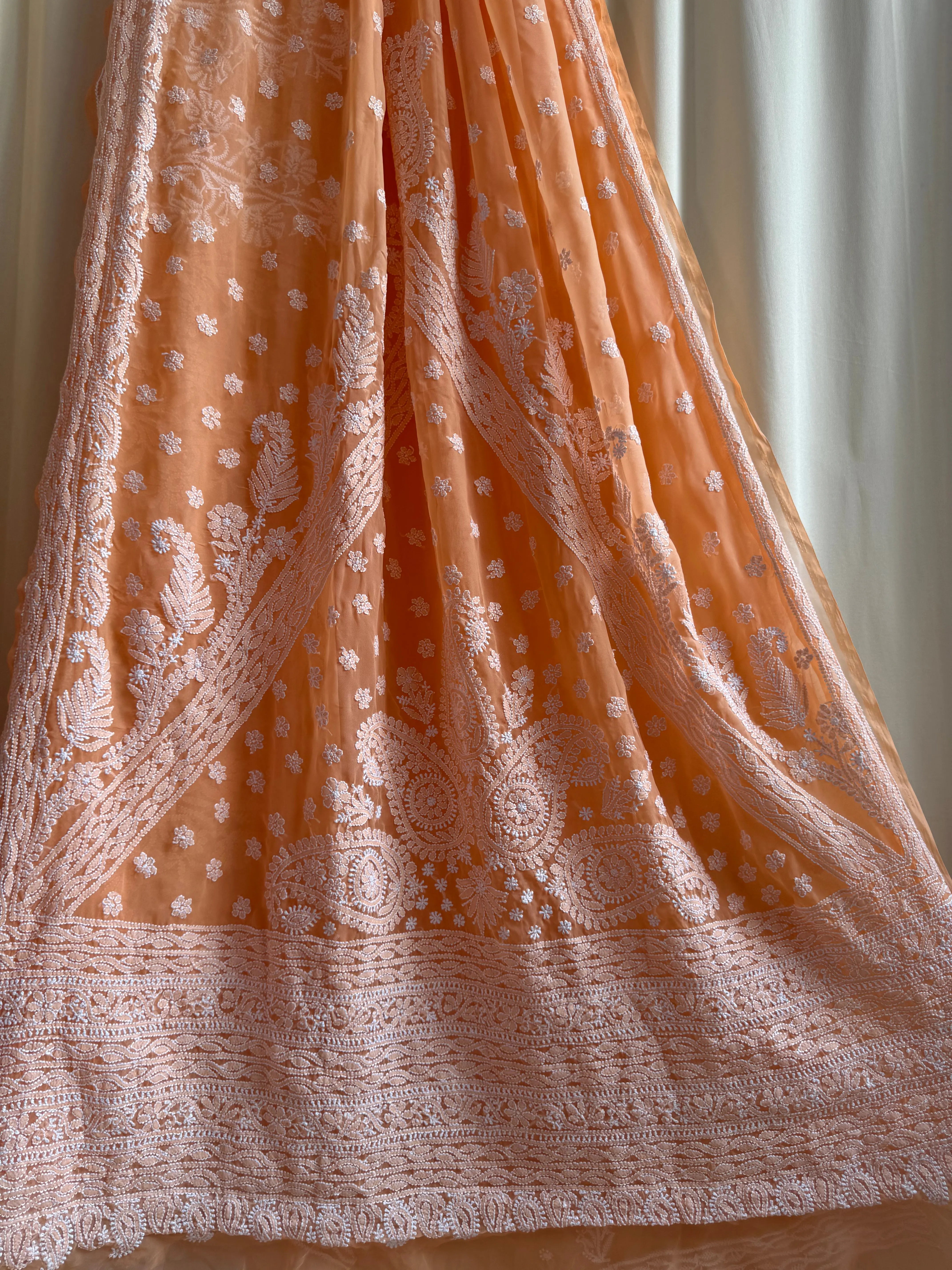 Georgette Chikankari saree in Sunset Orange ARIAA CHIKANKARI 