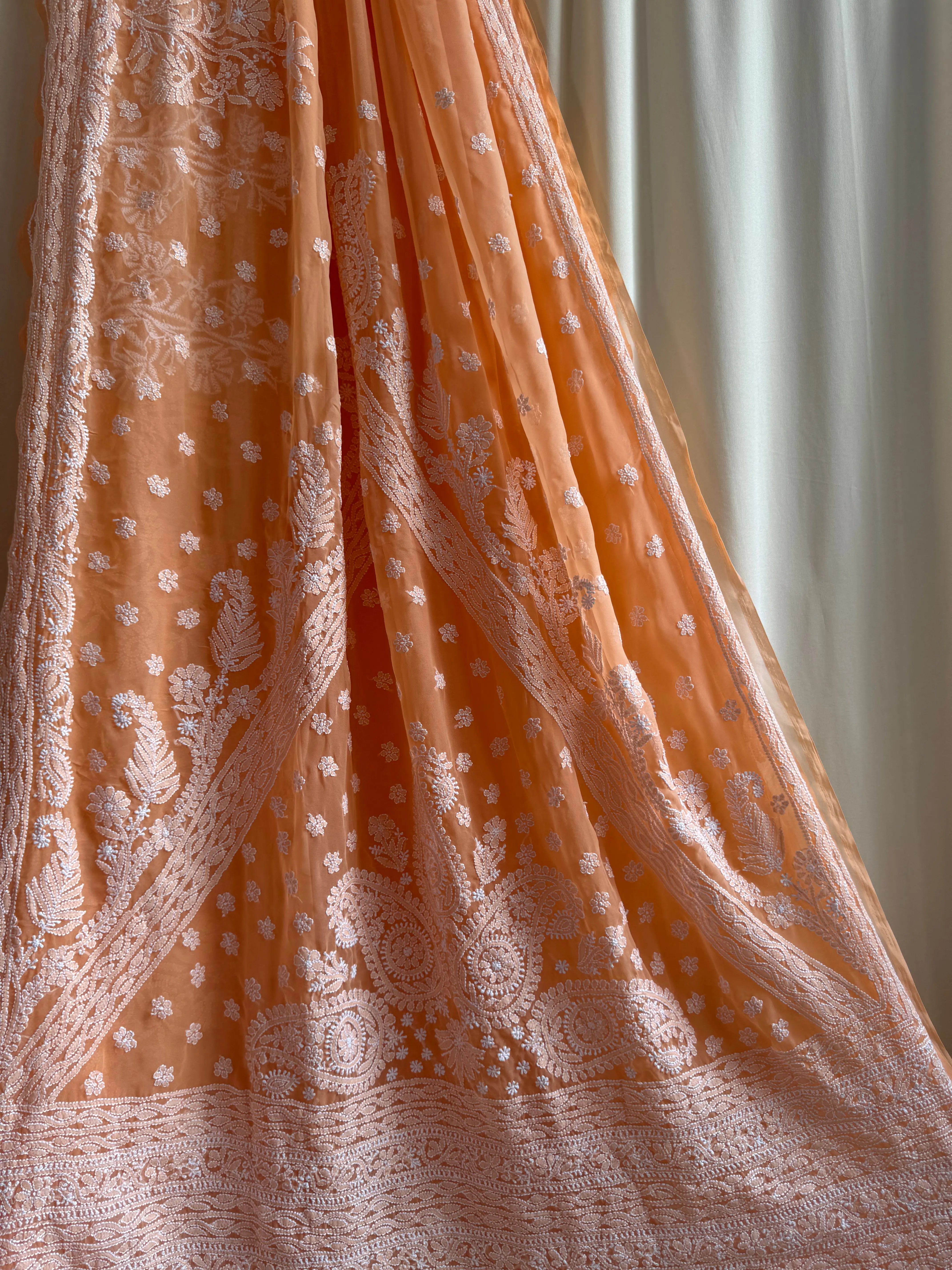 Georgette Chikankari saree in Sunset Orange ARIAA CHIKANKARI 