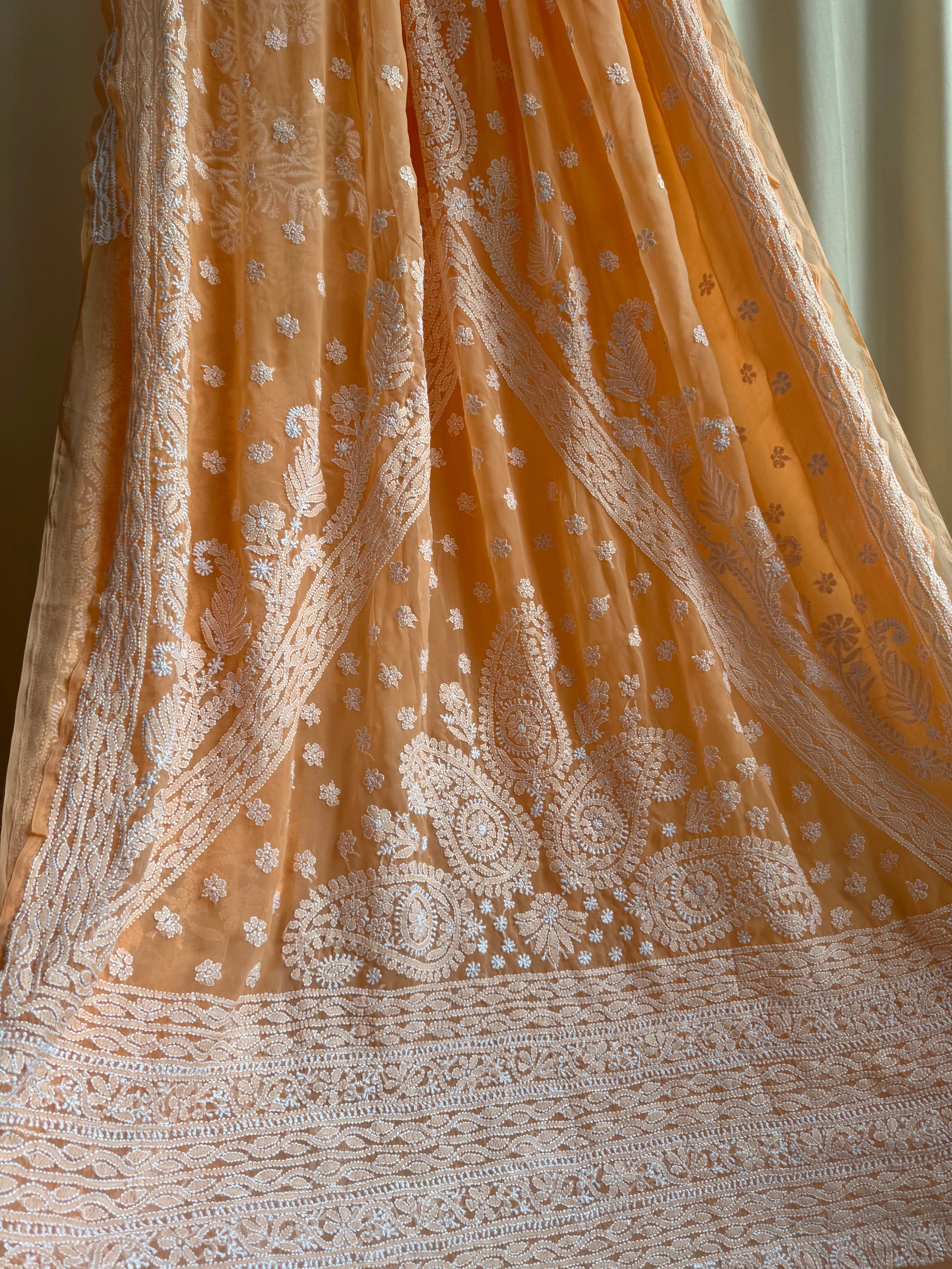 Georgette Chikankari saree in Sunset Orange ARIAA CHIKANKARI 