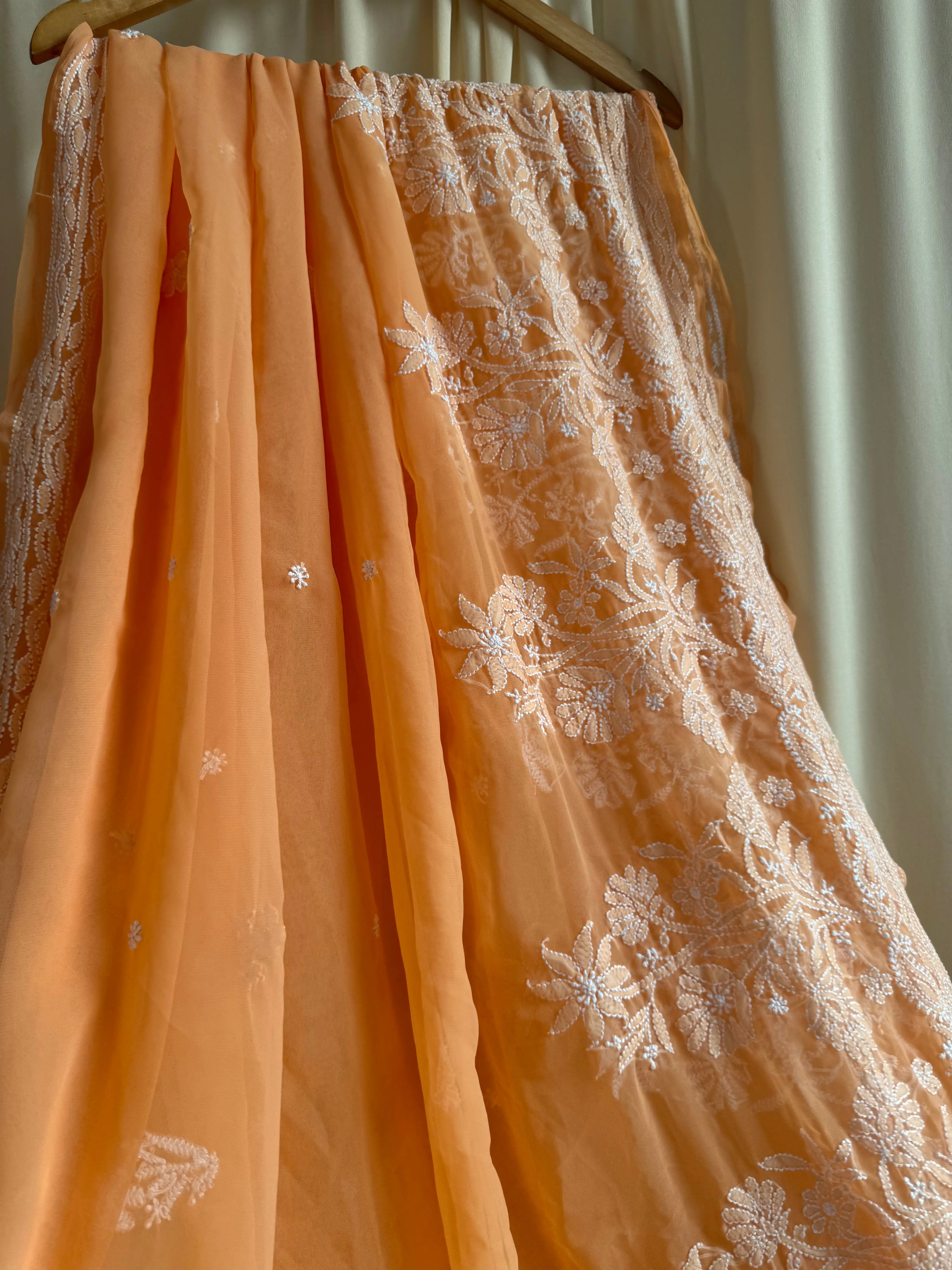 Georgette Chikankari saree in Sunset Orange ARIAA CHIKANKARI 