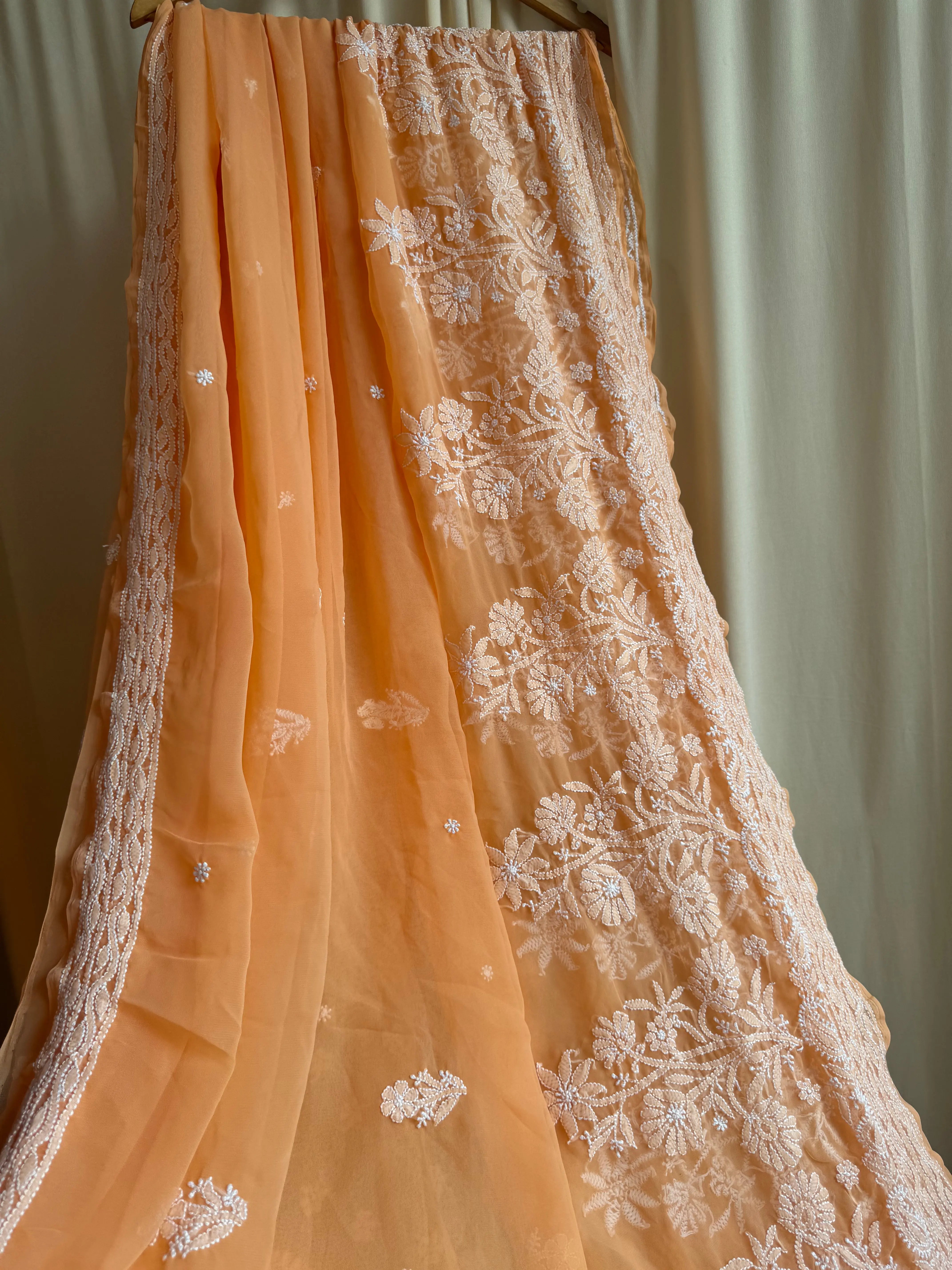 Georgette Chikankari saree in Sunset Orange ARIAA CHIKANKARI 