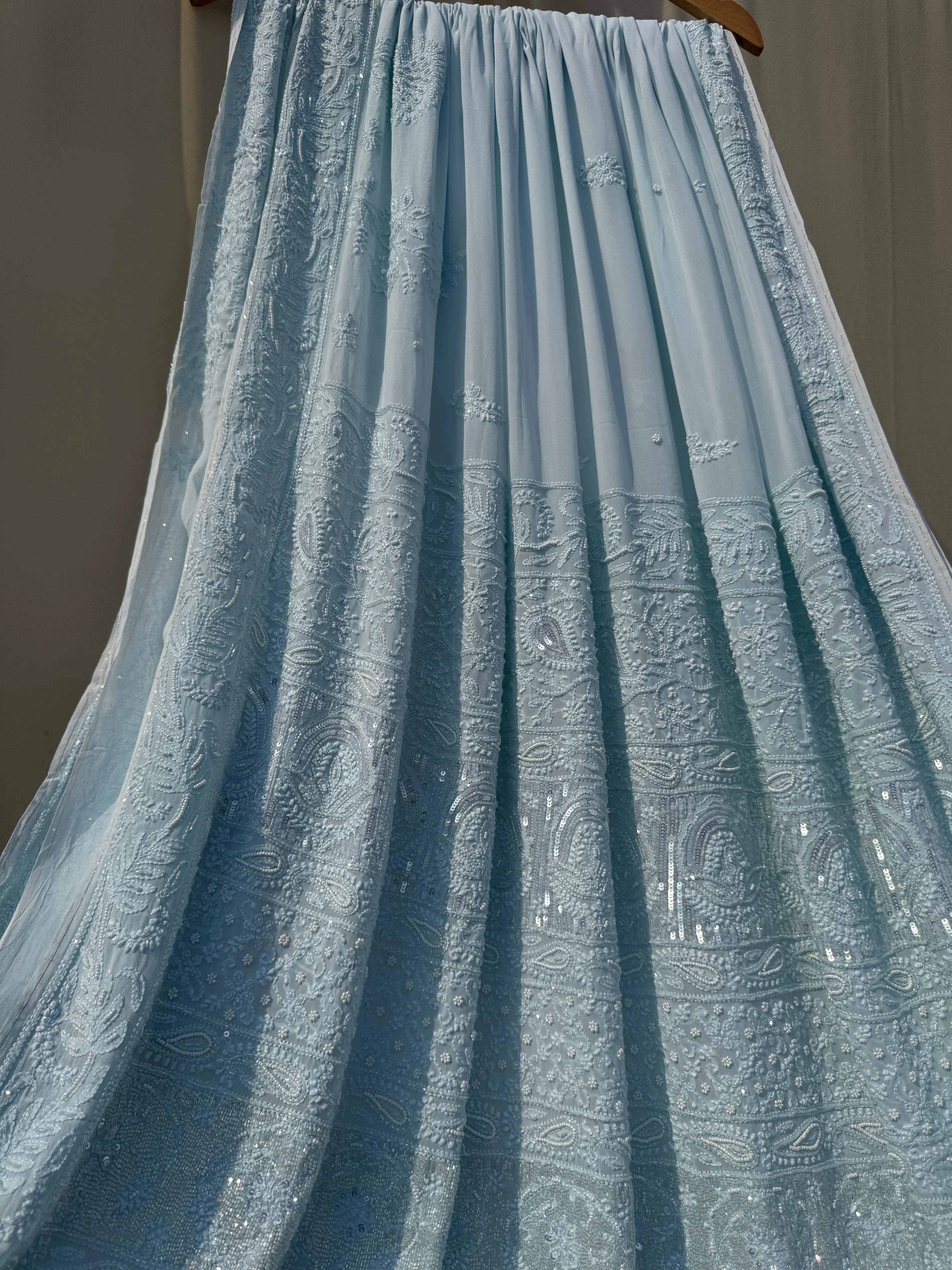 Viscose Baby Blue Chikankari saree with Pearl embellishments