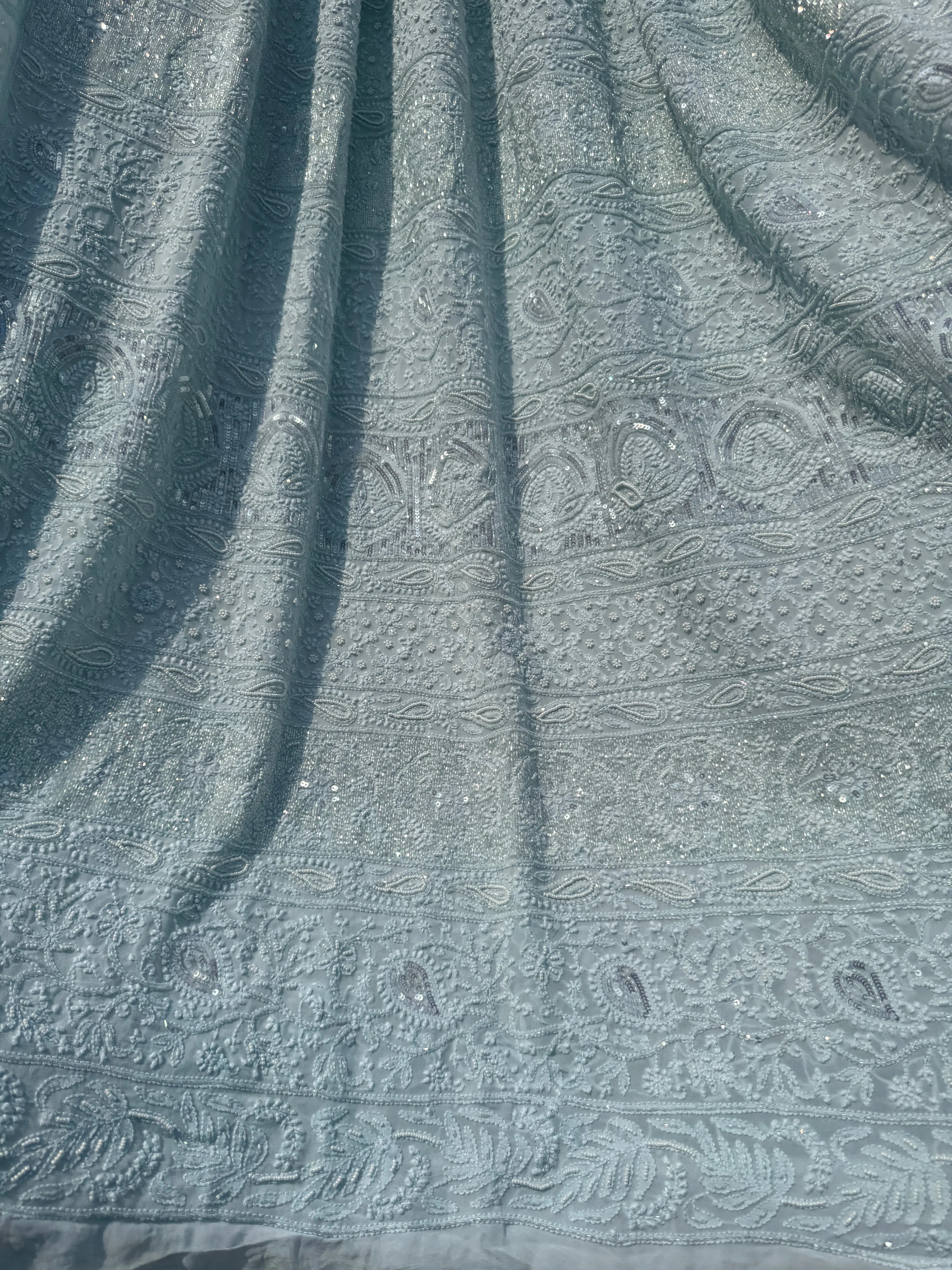Viscose Baby Blue Chikankari saree with Pearl embellishments ARIAA CHIKANKARI 